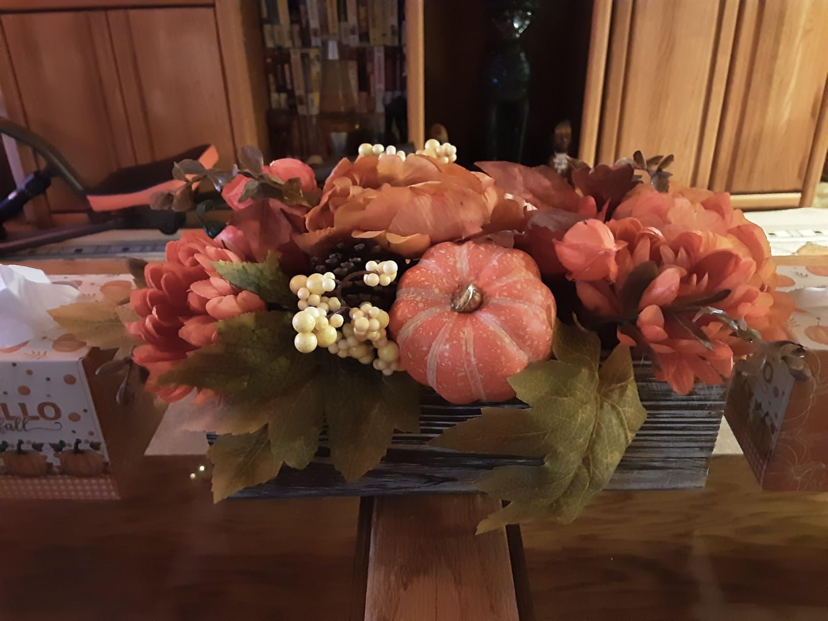Fall Decor Autumn Harvest Pumpkins Centerpiece - Artificial Maple Leaves, Berries and Pinecones Arrangement in Rectangle Wooden Box for Thanksgiving Party Mantel Fall Decor customer photo 2