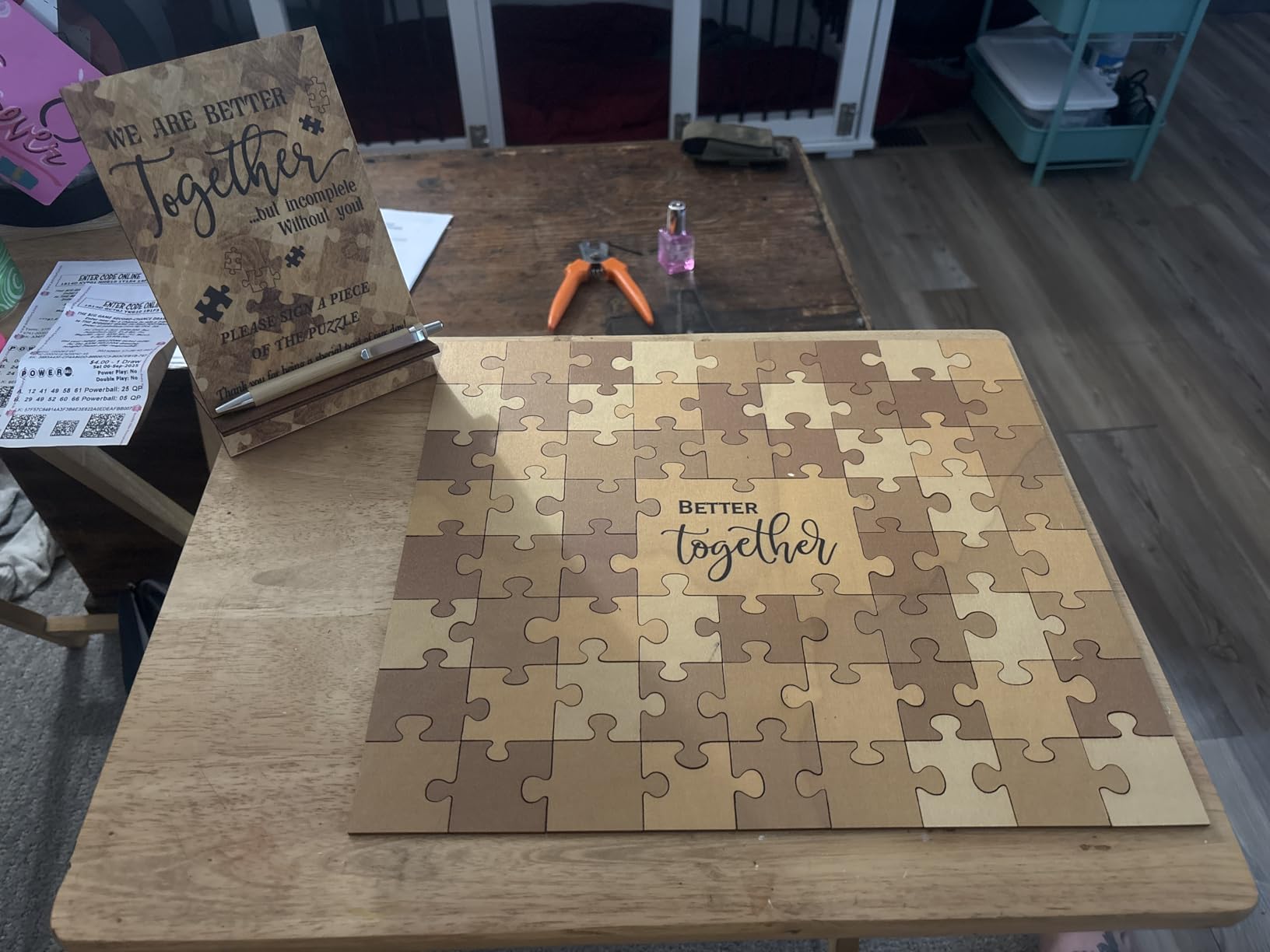 Motipuns 66 Pcs Wedding Puzzle Guest Book Alternative Wooden with Stand | Wood Pen and Stand Included, Interactive Signing for Engagement Anniversary, Puzzle Keepsake customer photo 2