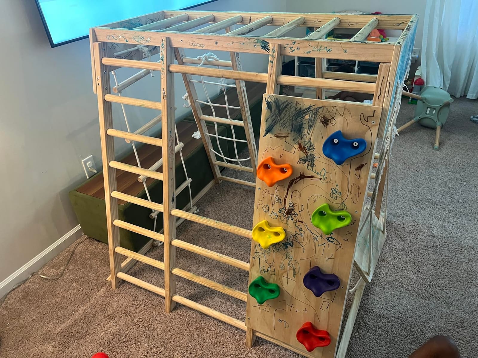 7 in 1 Pikler Indoor Playground Jungle Gym Playset, Wooden Montessori Climber with Slide, Rock Climb Wall, Monkey Bars, Rope Ladder, Climbing Rope and Swing for Kids (Rainbow) customer photo 2