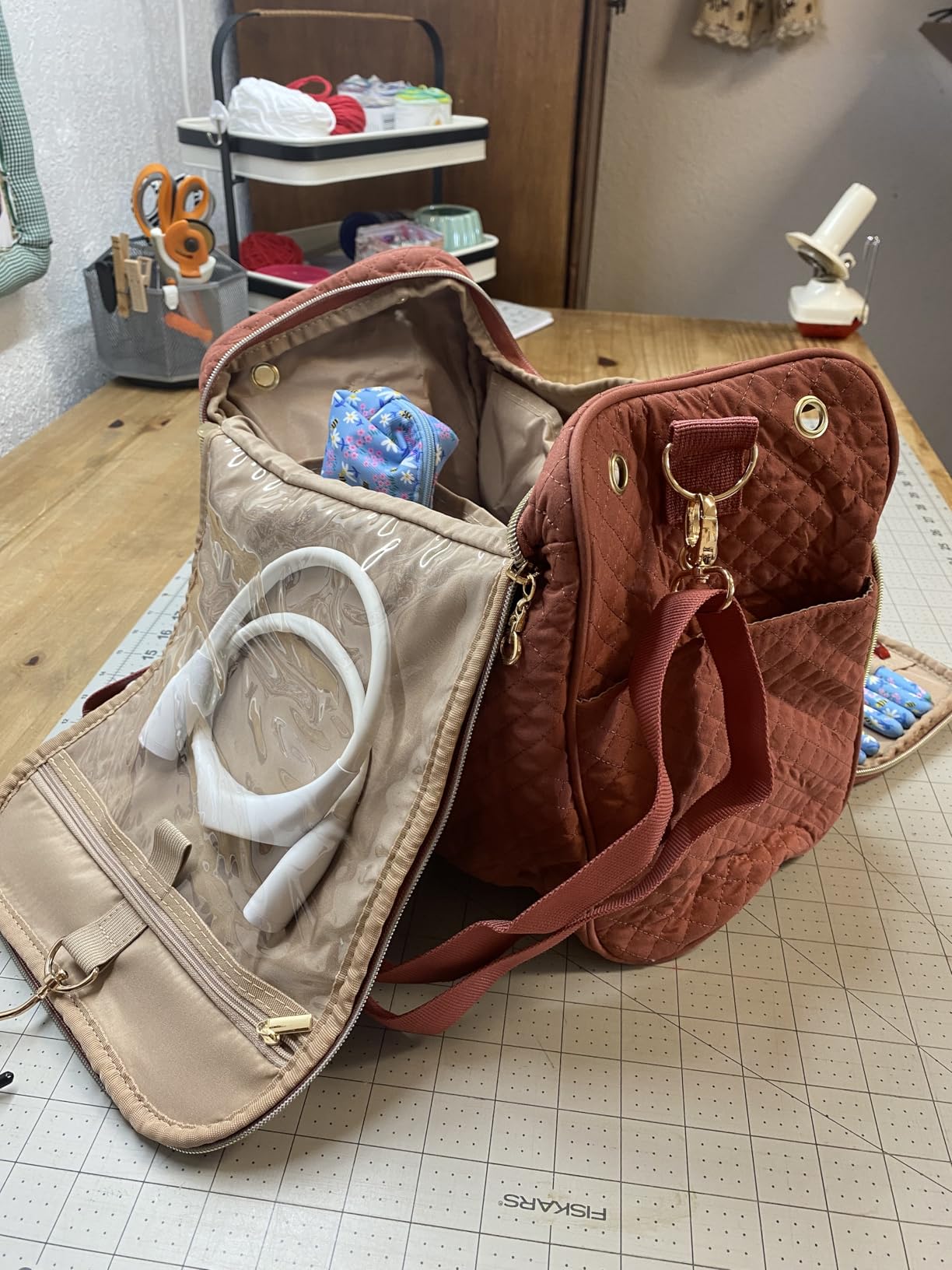 MYBAGZING Large Crochet Bag Organizer with Hanging Hook & Tool Storage | Quilted crochet project bag for yarn storage w/hook organizer and pockets; portable knitting bag and crochet tote for women customer photo 1