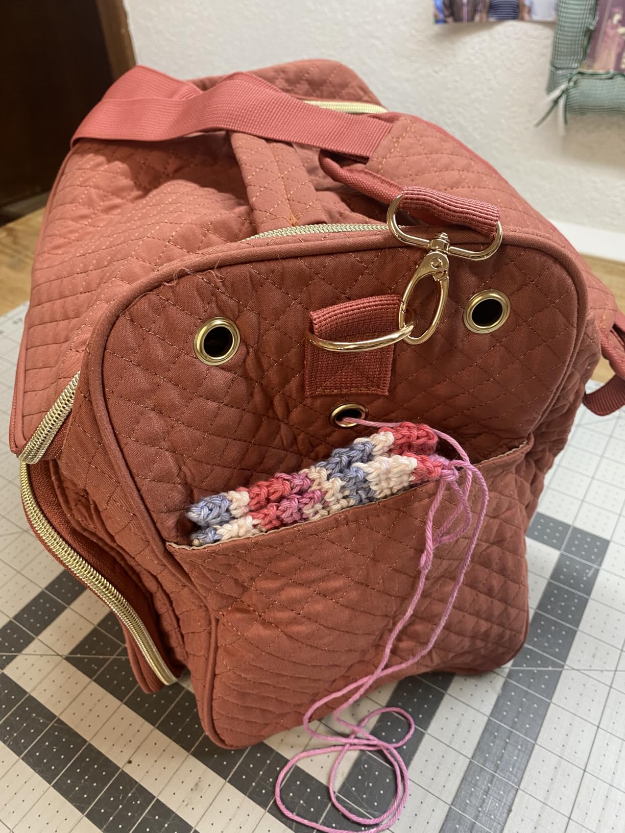 MYBAGZING Large Crochet Bag Organizer with Hanging Hook & Tool Storage | Quilted crochet project bag for yarn storage w/hook organizer and pockets; portable knitting bag and crochet tote for women customer photo 2
