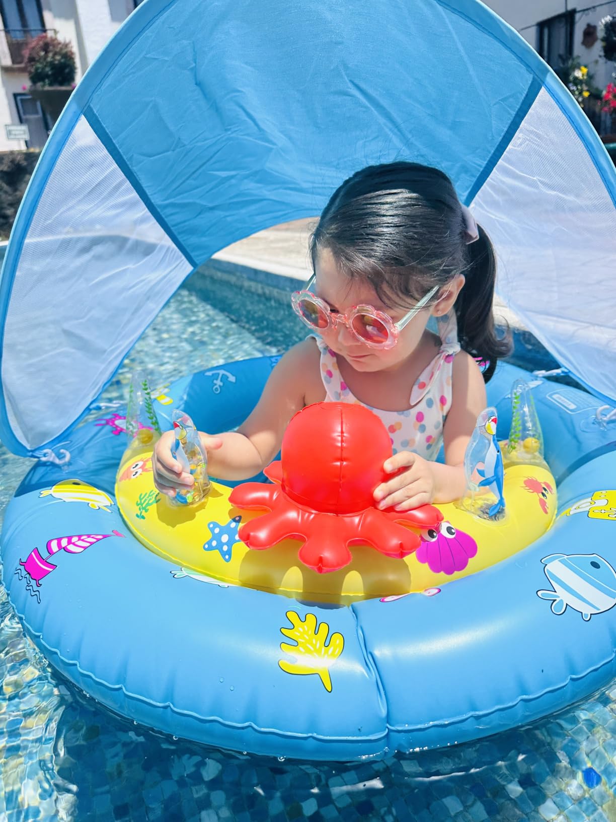 Baby Pool Float with Canopy Infant Toddler Float for 6-36 Months Boys Girls | UPF50+ Sun Protection, Inflatable Baby Swim Float with Double Air Chambers, Adjustable Safety Seat & Toy Console for Kids customer photo 1