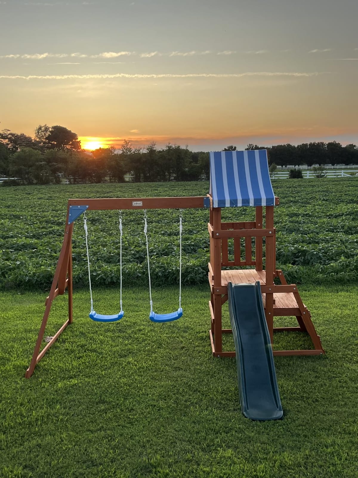 ROBOTIME Wooden Swing Set for Backyard, All-in-One Kids Playset, Ages 3-10, Outdoor playset with swing slide and climbing rope customer photo 2