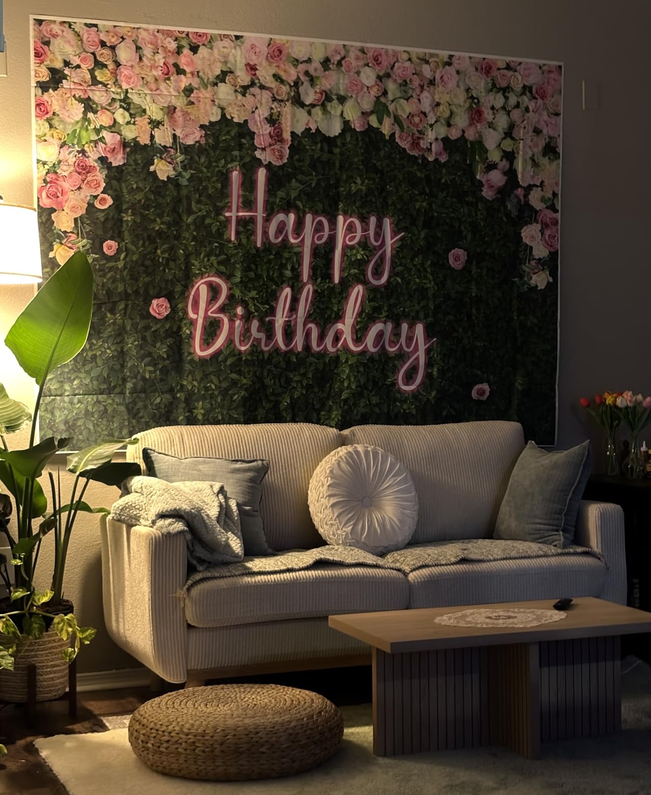 Green Leaves Happy Birthday Backdrop Neon Pink Rose Flower Photography Background Women Girls Greenery Leaves Birthday Newborn Baby Shower Party Cake Table Decoration 7x5FT customer photo 2