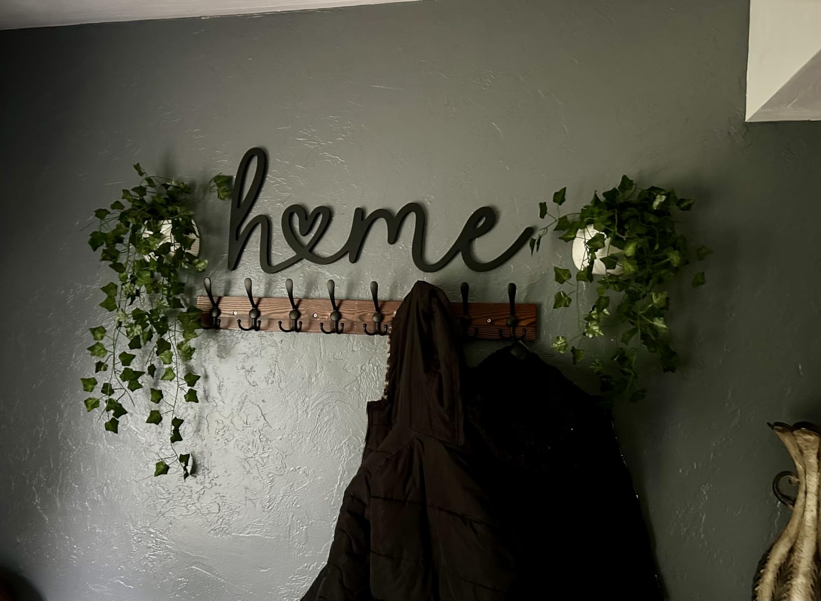 Kuhome 32.2'' Large Coat Rack Wall Mount Coat Hooks Coat Hanger with 8 Metal Black Triple- Hooks Brown Pine Real Wood Plank Hat Rack for Wall Hooks for Hanging Coat Hat Jacket customer photo 2