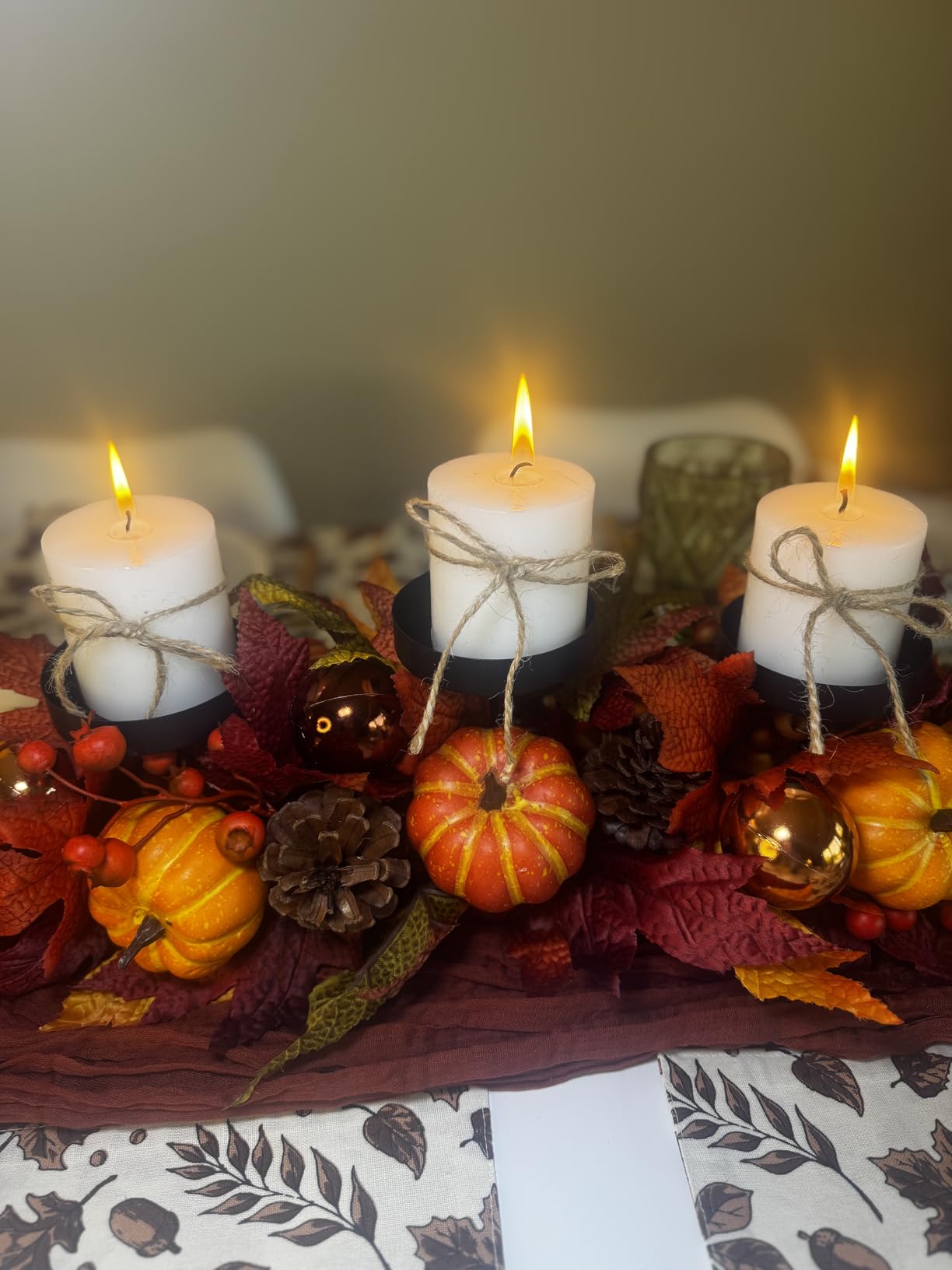 Fall Candle Holder Centerpiece with Maple Leaves, Pinecones, Berries & Burlap Bow, Thanksgiving Table Centerpiece Decoration for Dining Table, Mantel & Autumn Harvest Home Decor customer photo 2