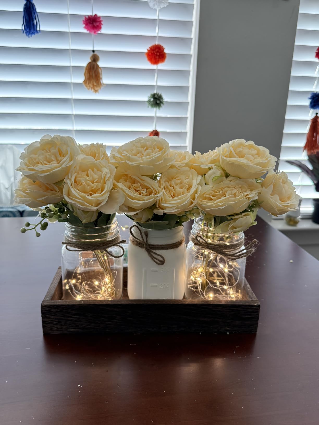 Mkono Mason Jar Lights Centerpiece Table Decor for Dining Room Farmhouse Wood Tray with 3 Jars Flowers Fall Decoration for Coffee Table Kitchen Living Room Wedding customer photo 2