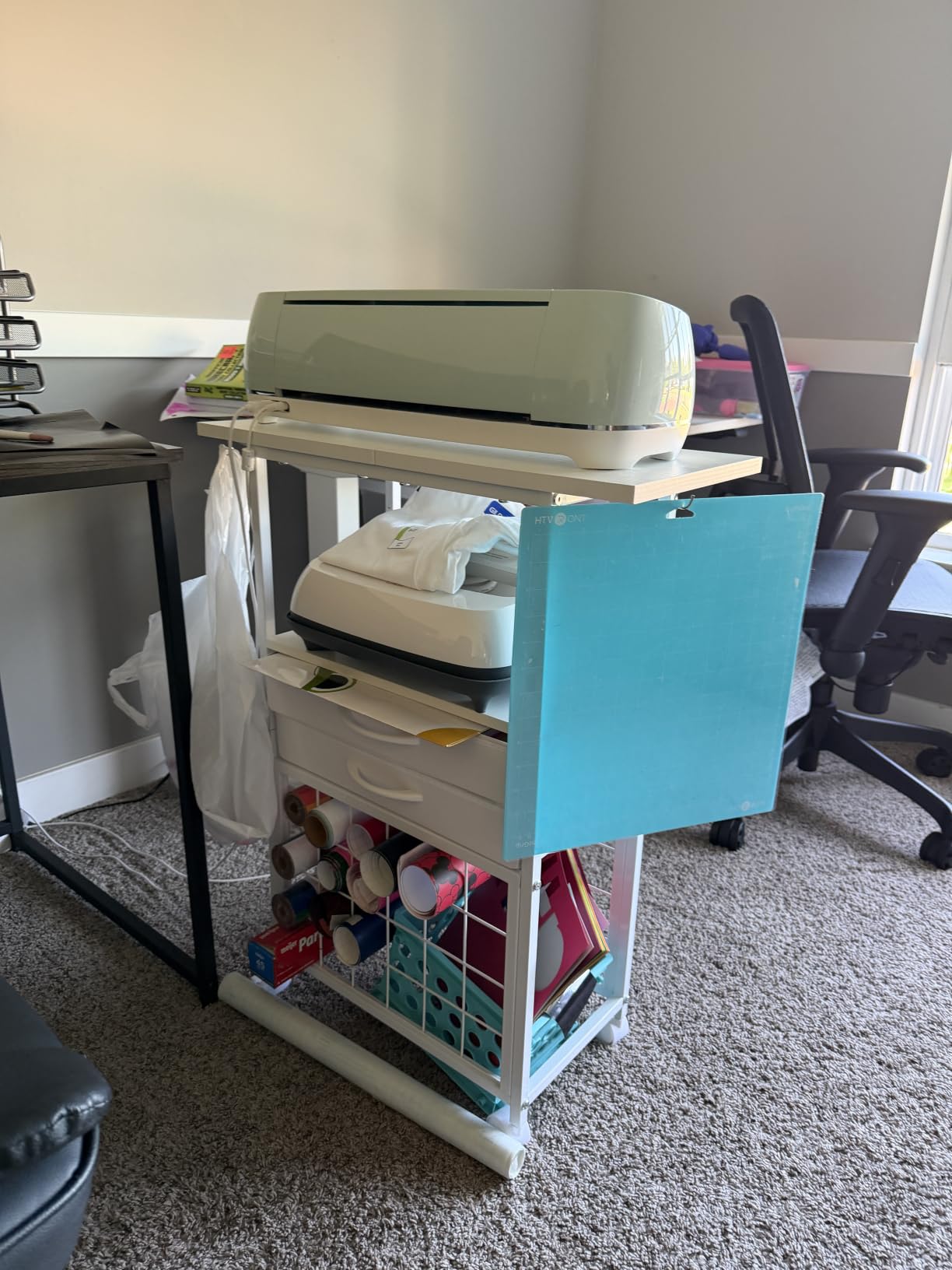 VENNQD Organizer and Storage Stand Compatible with Cricut Machines,Rolling Storage Cart/Shelf with 24 Vinyl Roll Holders,2 Fabric Drawer,Accessories Holder,Tool Hook for Craft Room Home (white) customer photo 1