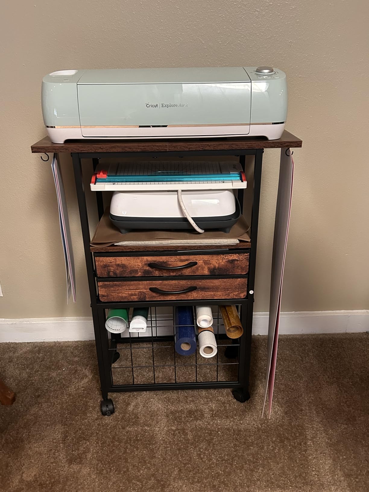 VENNQD Organizer and Storage Stand Compatible with Cricut Machines,Rolling Storage Cart/Shelf with 24 Vinyl Roll Holders,2 Fabric Drawer,Accessories Holder,Tool Hook for Craft Room Home (white) customer photo 2