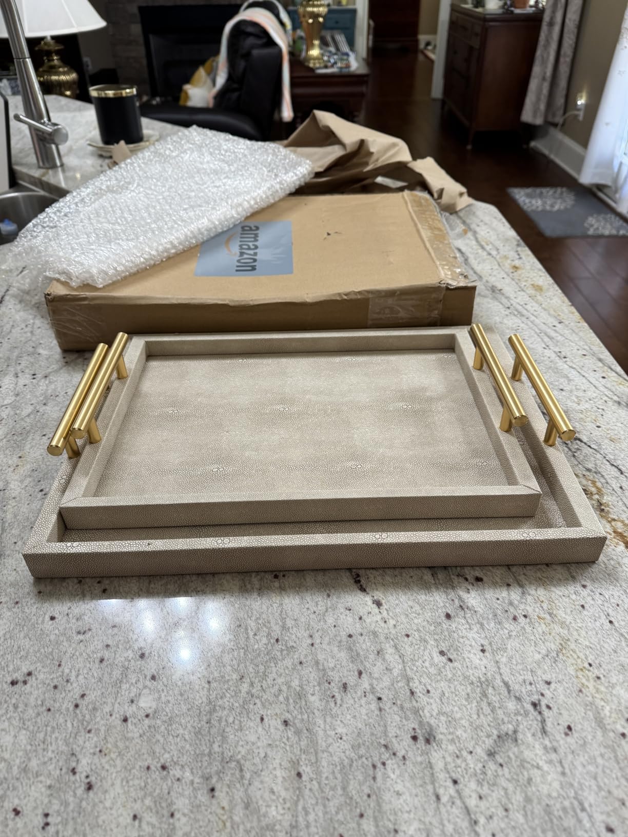 Modern Decorative Tray Set of 2 Ivory Shagreen Leather and Wood Serving Tray with Gold Polished Metal Handles for Ottoman, Coffee Table, Bathroom and More customer photo 1