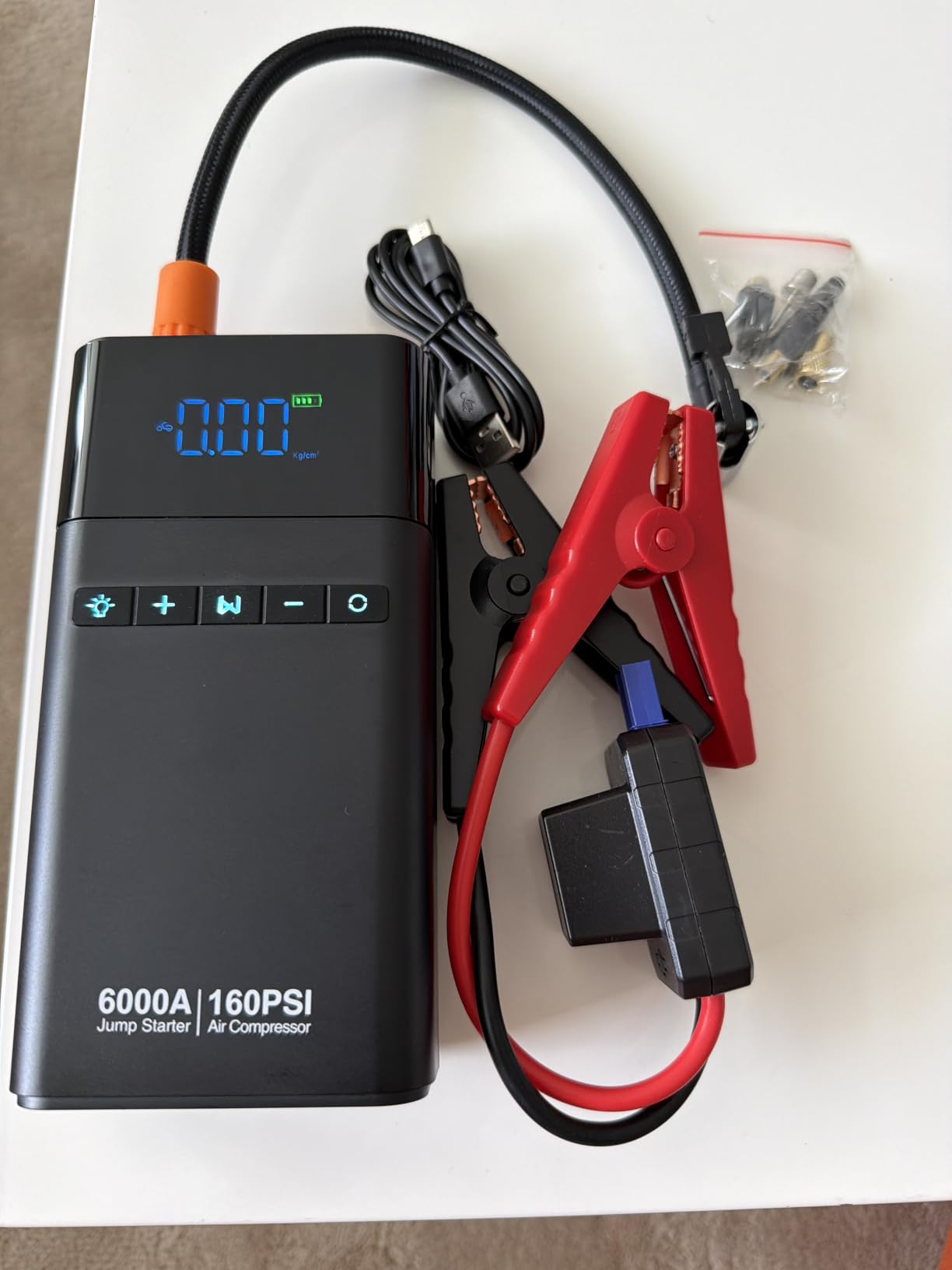 6000A Portable Car Battery Jump Starter with Air Compressor 160PSI | 99Wh Car Battery Jumper Starter Portable (All Gas 12L Diesel) 12V Jump Box with Jumper Cables, Tire Inflator&Light&Power Bank customer photo 1