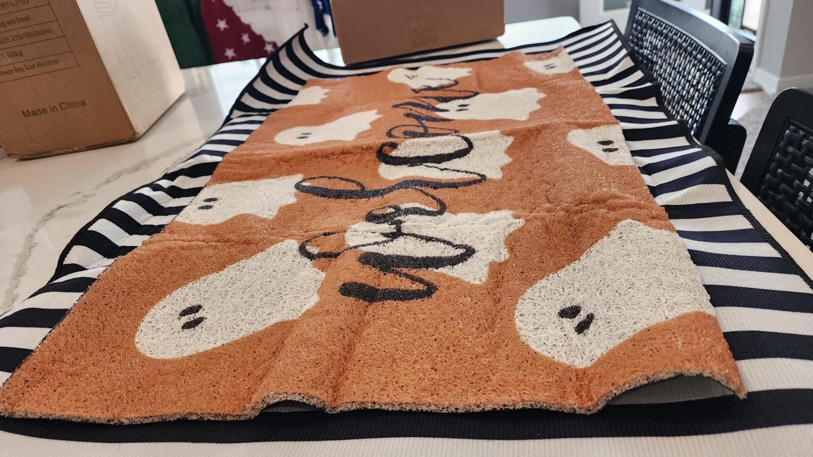Tinideya 2 Pcs Halloween Door Mat Outdoor Layered Ghost Welcome Mat | Cute Ghost Coir Door Mat, Non Slip Black and White Striped Entrance Rug, Halloween Decoration for Front Door Porch Entryway customer photo 1