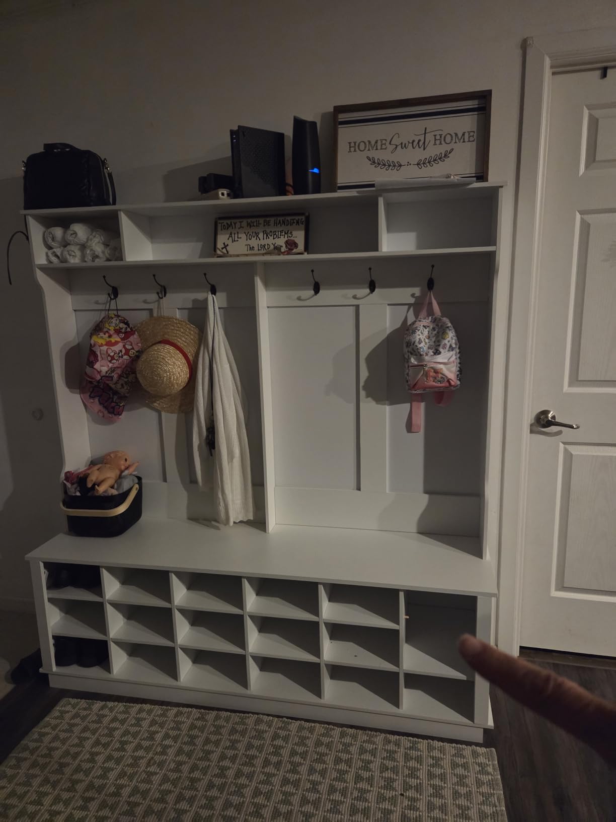 WOODTIME Extra Large Hall Tree with Bench and Shoe Storage, Multi-Purpose Entryway Bench with Coat Rack, Adjustable Shelves, 6 Double Hooks and 21 Open Compartments, White customer photo 1