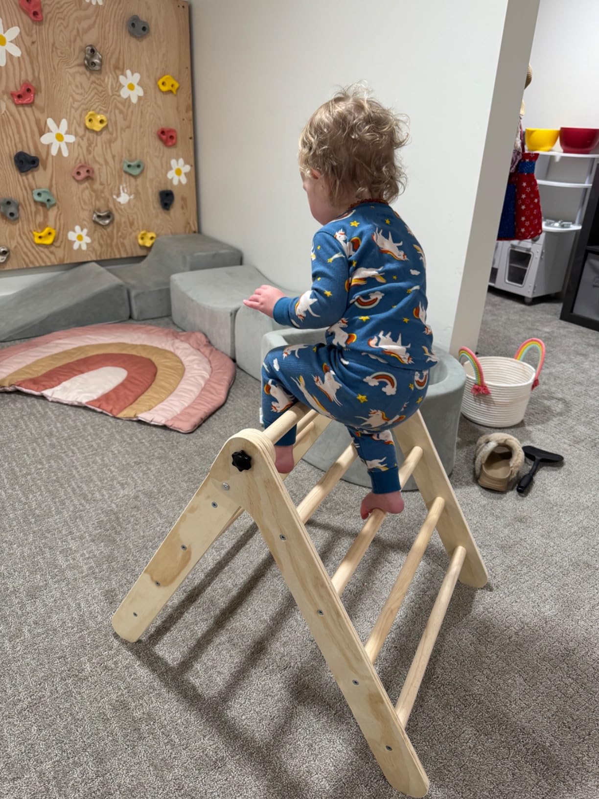 Yopnoyik Pikler Triangle Set with Cushion, 7 in 1 Toddler Climbing Toys Indoor, Montessori Foldable Climbing Set, Wooden Climbing Toys for Toddlers Inside with Ramp, Arch and Ladder (Nature Wood) customer photo 1