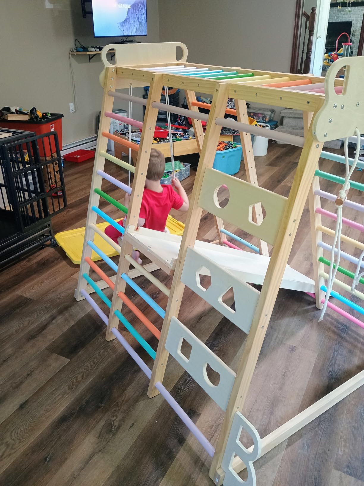 Upgraded Indoor Jungle Gym 9-in-1 Playground Kids Climbing Toys | Waldorf Style Wooden Climber Playset with Slide, Swing, Monkey Bars, Upright/Rope Ladder, Climb Net, Blue customer photo 1