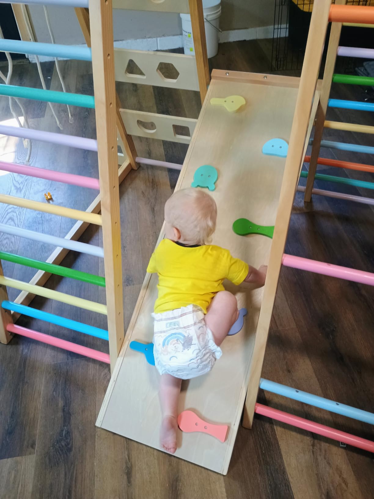 Upgraded Indoor Jungle Gym 9-in-1 Playground Kids Climbing Toys | Waldorf Style Wooden Climber Playset with Slide, Swing, Monkey Bars, Upright/Rope Ladder, Climb Net, Blue customer photo 2