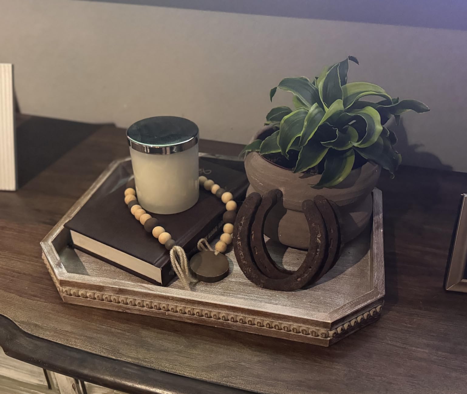 Wooden Decorative Tray, Rustic Serving Tray with Wood Bead, Farmhouse Big Tray for Ottoman, Countertop, Coffee Table, 16.5