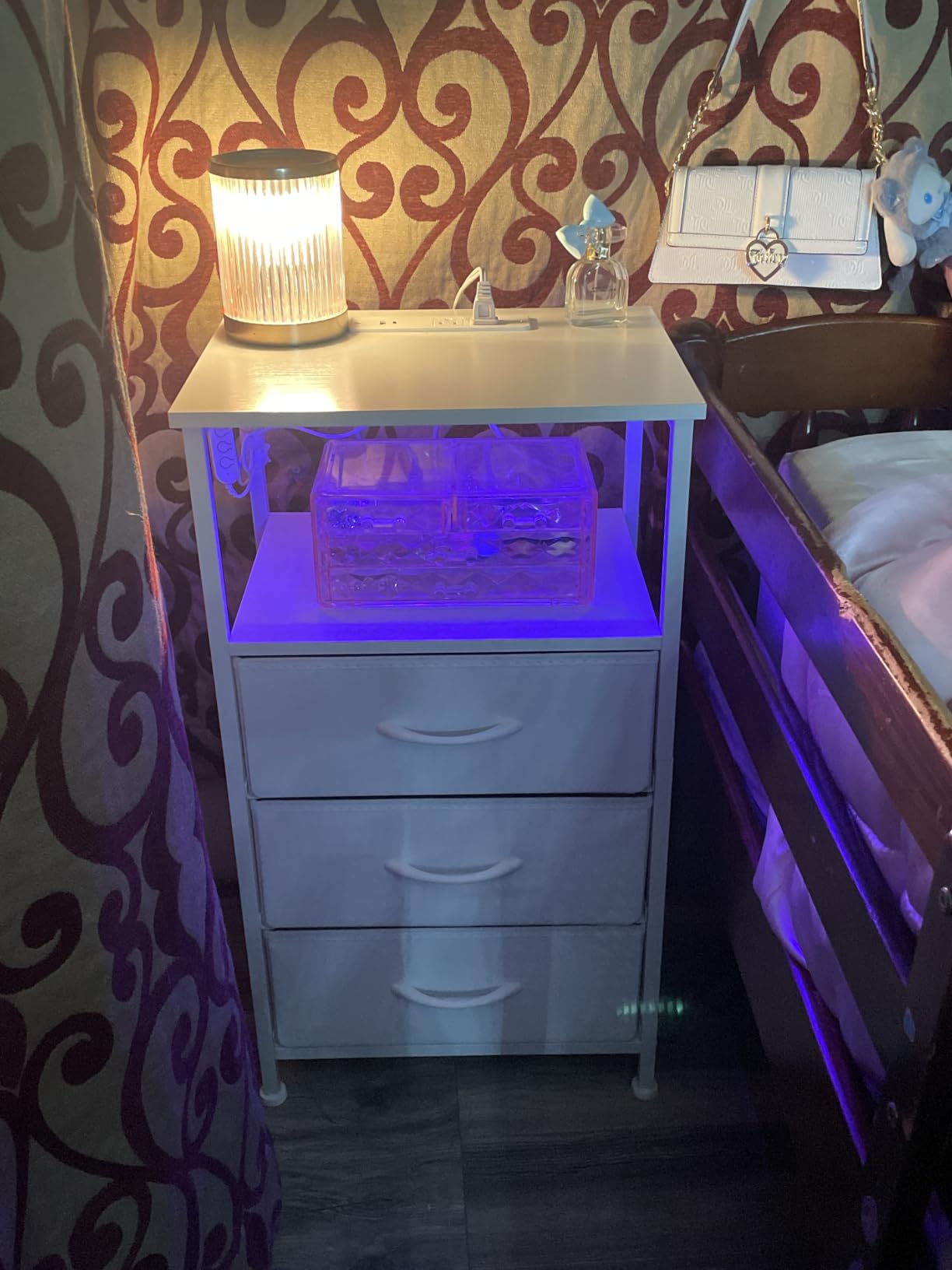 Somdot White Nightstand with Charging Station and LED Light for Bedroom, 2 Drawers Dresser with Fabric Bins for Bedside Kids Dorm Room Closet Laundry Entryway, White Leather customer photo 1