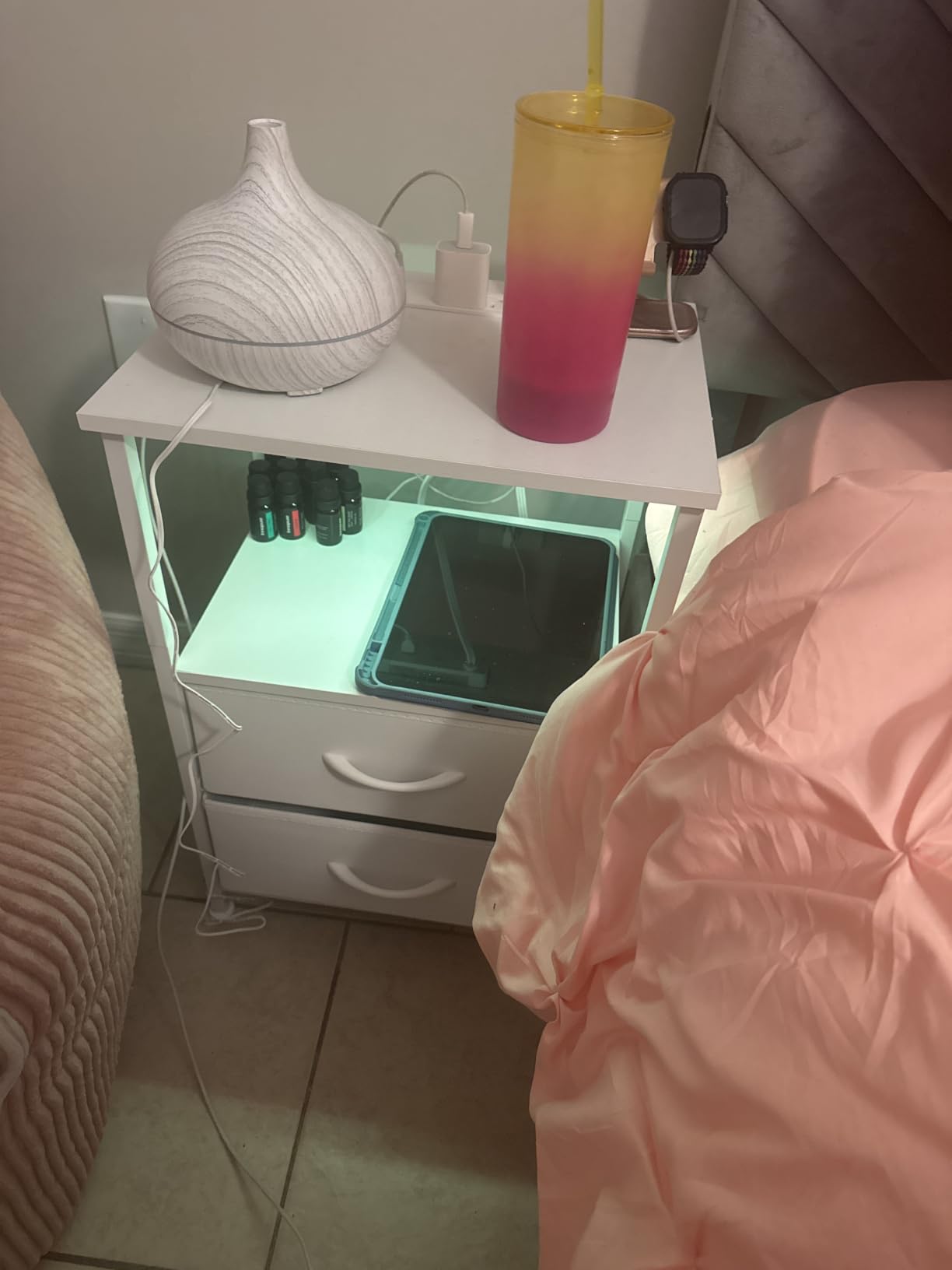 Somdot White Nightstand with Charging Station and LED Light for Bedroom, 2 Drawers Dresser with Fabric Bins for Bedside Kids Dorm Room Closet Laundry Entryway, White Leather customer photo 2