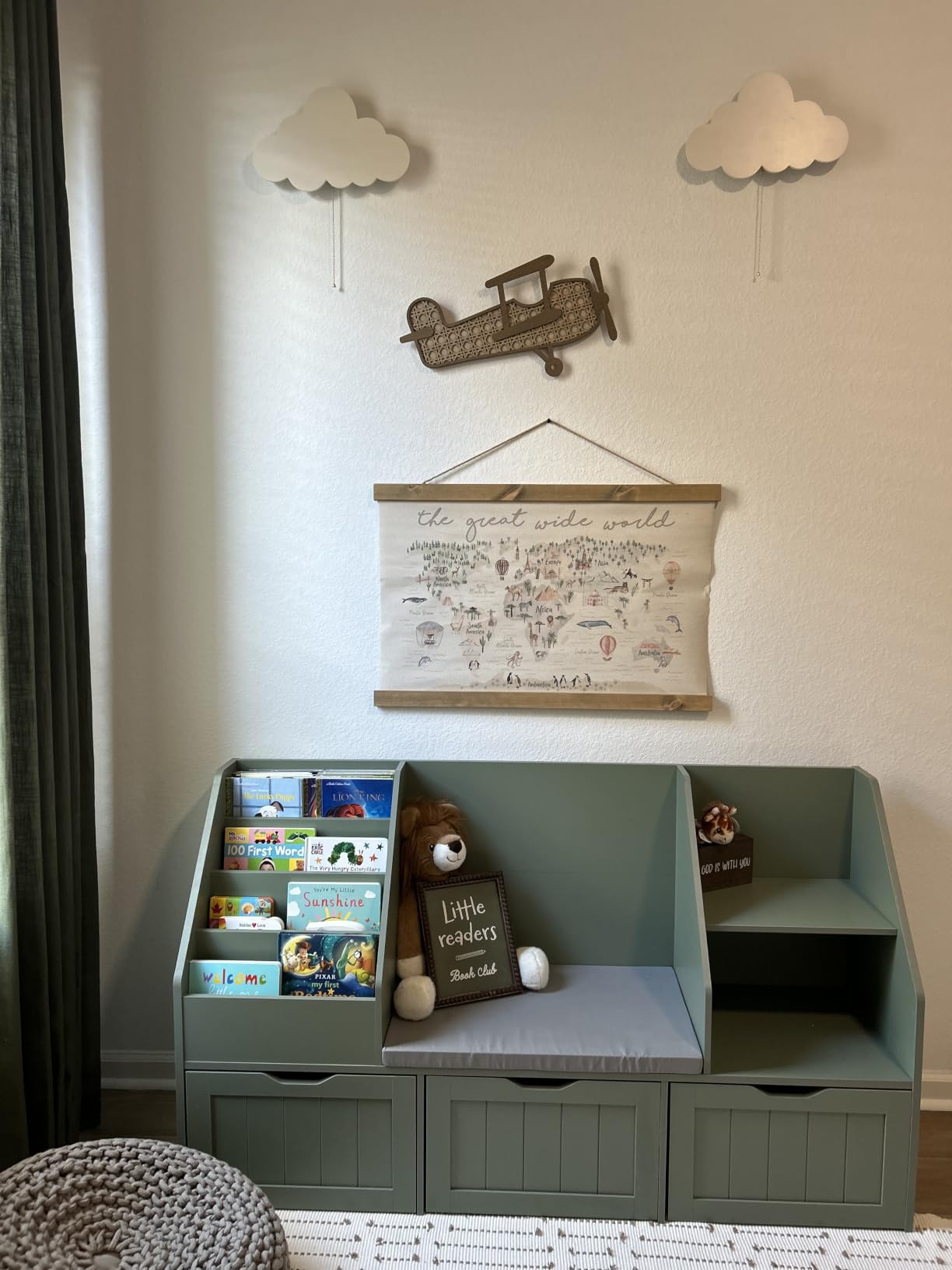 FOTOSOK 55.1'' Kids Bookshelf with Reading Nook, Toy Storage Organizer with Seat Cushion and 3 Movable Drawers, Kids Reading Nook Toy Organizers and Storage with Bench for Playroom, Bedroom, White customer photo 1