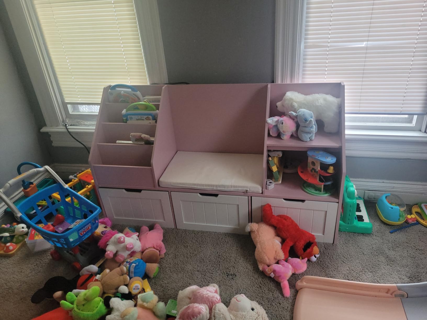 FOTOSOK 55.1'' Kids Bookshelf with Reading Nook, Toy Storage Organizer with Seat Cushion and 3 Movable Drawers, Kids Reading Nook Toy Organizers and Storage with Bench for Playroom, Bedroom, White customer photo 2