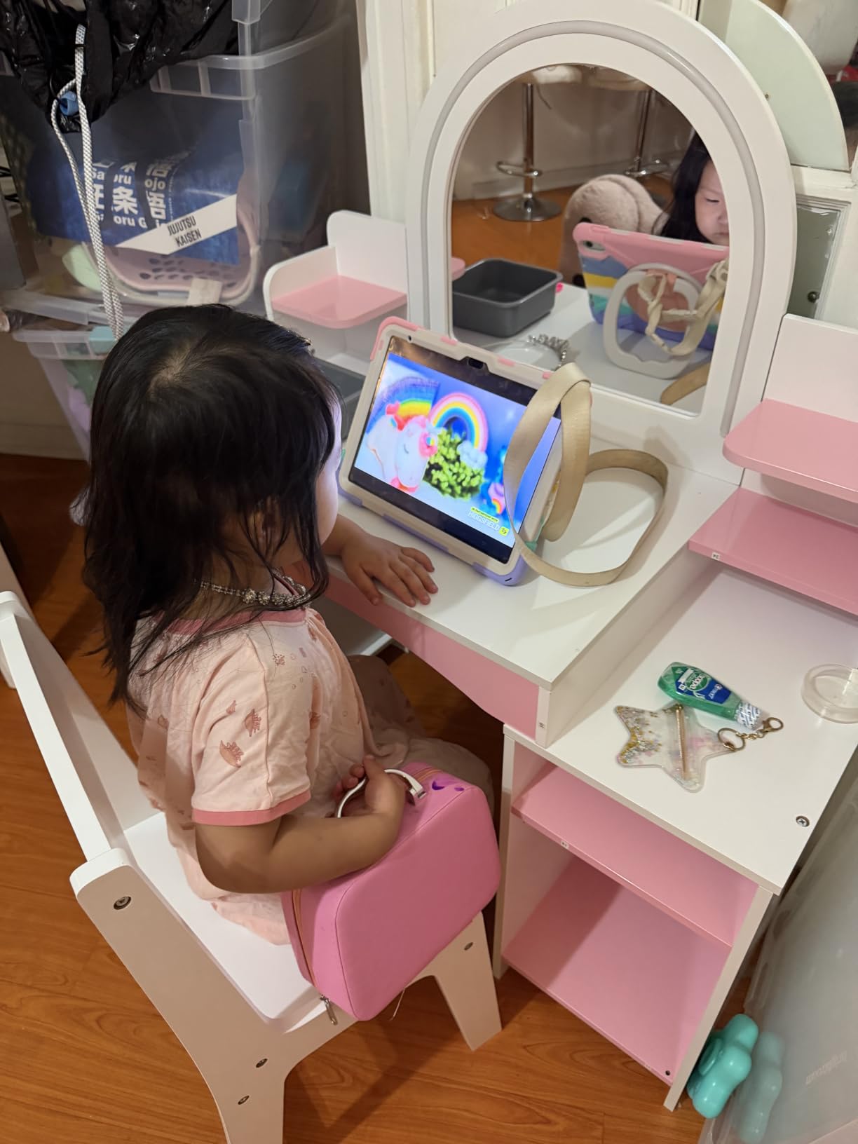 MU Kids Vanity with Lights, Princess Makeup Vanity Desk with Open Bookshelf, Storage Cabinet & Shelves, 2 in 1 Toddler Vanity Table & Chair Set with Lighted Mirror for Little Girls (White) customer photo 1