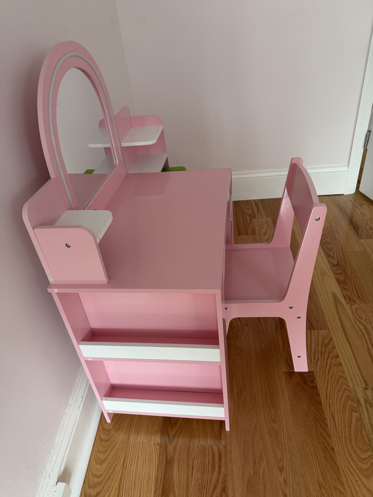 MU Kids Vanity with Lights, Princess Makeup Vanity Desk with Open Bookshelf, Storage Cabinet & Shelves, 2 in 1 Toddler Vanity Table & Chair Set with Lighted Mirror for Little Girls (White) customer photo 2
