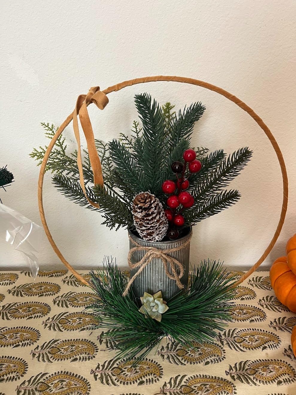 Winlyn Christmas Farmhouse Centerpiece Rustic Wood Tray 3 Galvanized Pots with Artificial Pine Cedar Red Berry Snowy Pinecone Christmas Arrangement customer photo 1