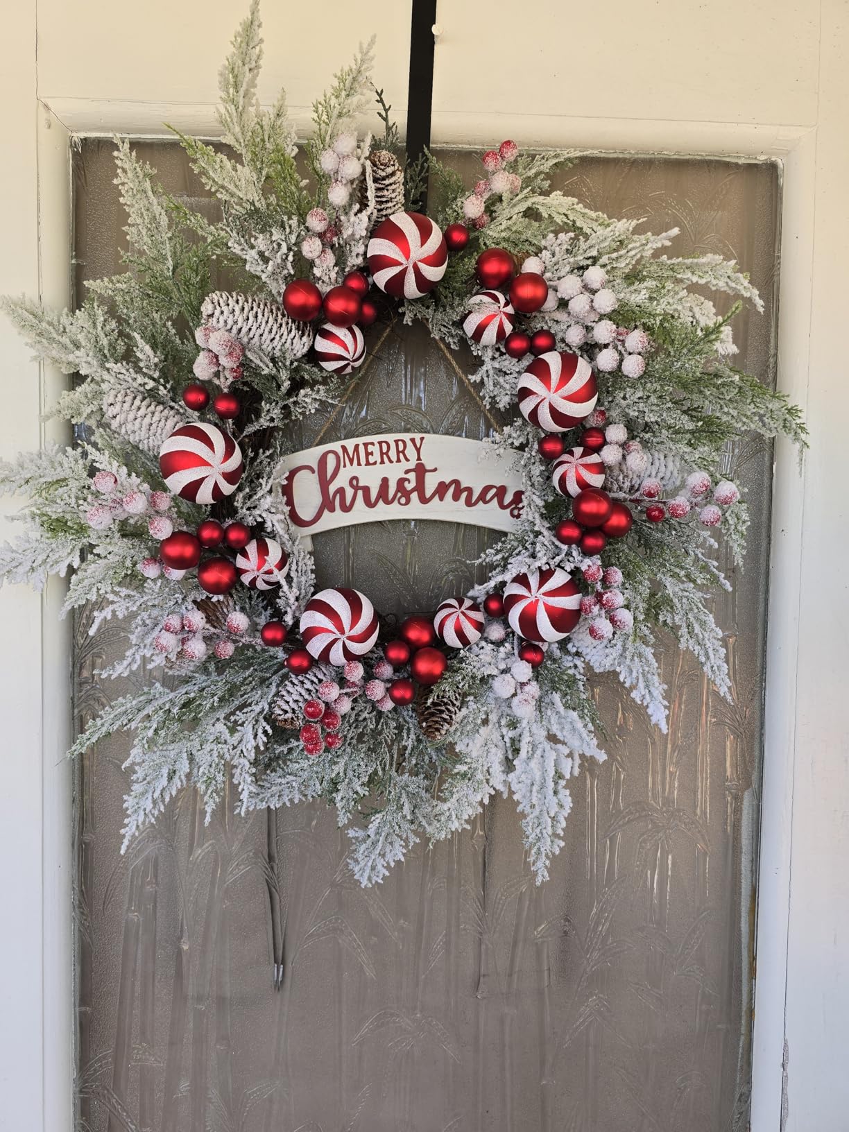 24 Inch Artificial Christmas Wreath for Front Door with Balls Berries Frost Pine Needles Pine Cones Christmas Decorations for Indoor Outdoor Wall Window Home Holiday Xmas Decor customer photo 2