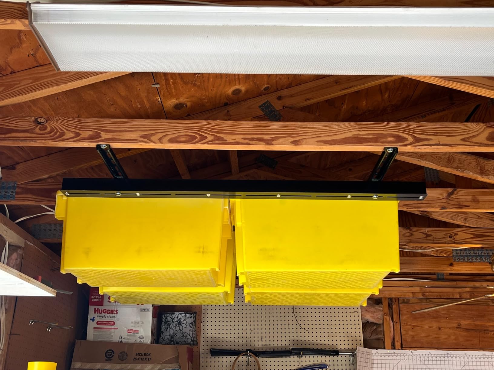 WALMANN Overhead Tote Storage Rails System, Garage Ceiling Bin Storage Rack | Heavy Duty, Adjustable, Tote Slide Rails, Holds 4 27-Gallon Totes, White, Bins are not Included customer photo 1