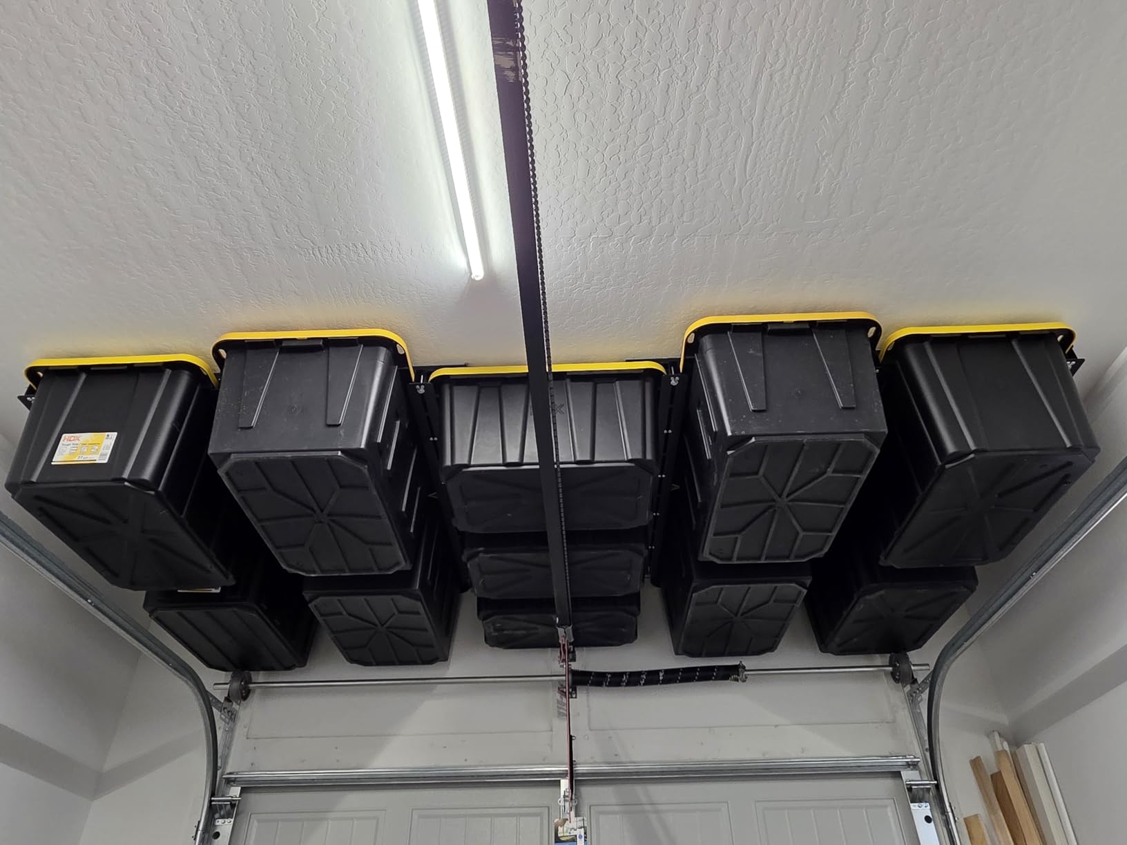 WALMANN Overhead Tote Storage Rails System, Garage Ceiling Bin Storage Rack | Heavy Duty, Adjustable, Tote Slide Rails, Holds 4 27-Gallon Totes, White, Bins are not Included customer photo 2