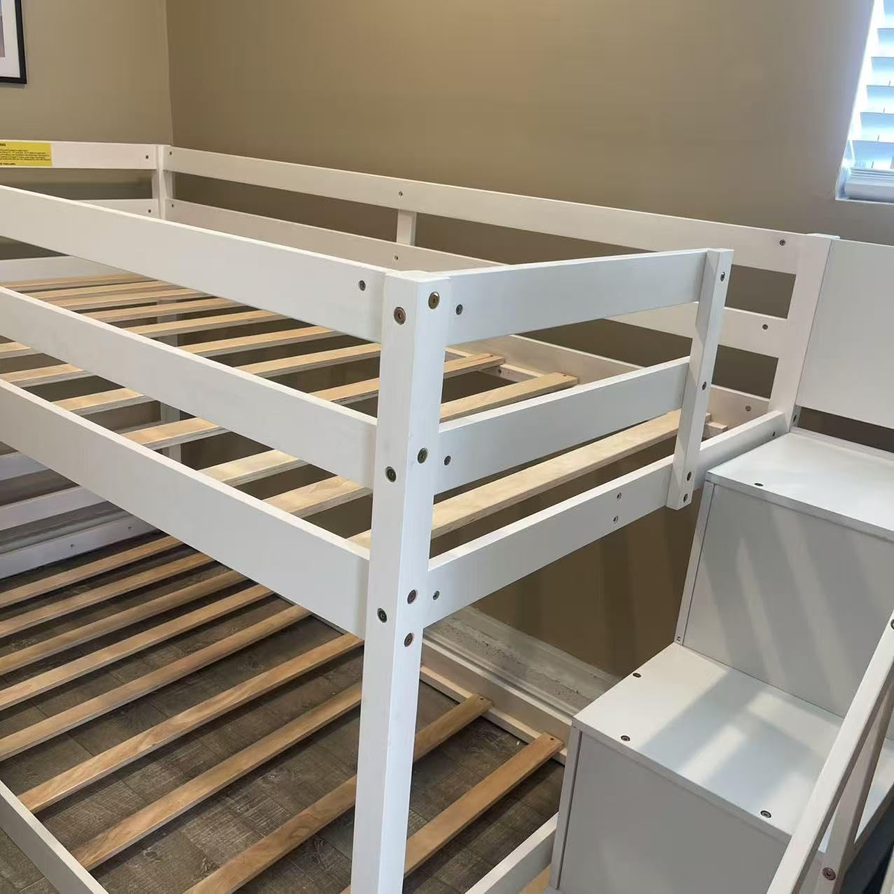 Giantex Twin Over Twin Bunk Bed with Stairs, Solid Wood Floor Bunk Bed with Storage Staircase & Full-Length Guardrails, Low Bunk Bed with for Kids, Teens, Adults, Dorm, Small Space, White customer photo 1