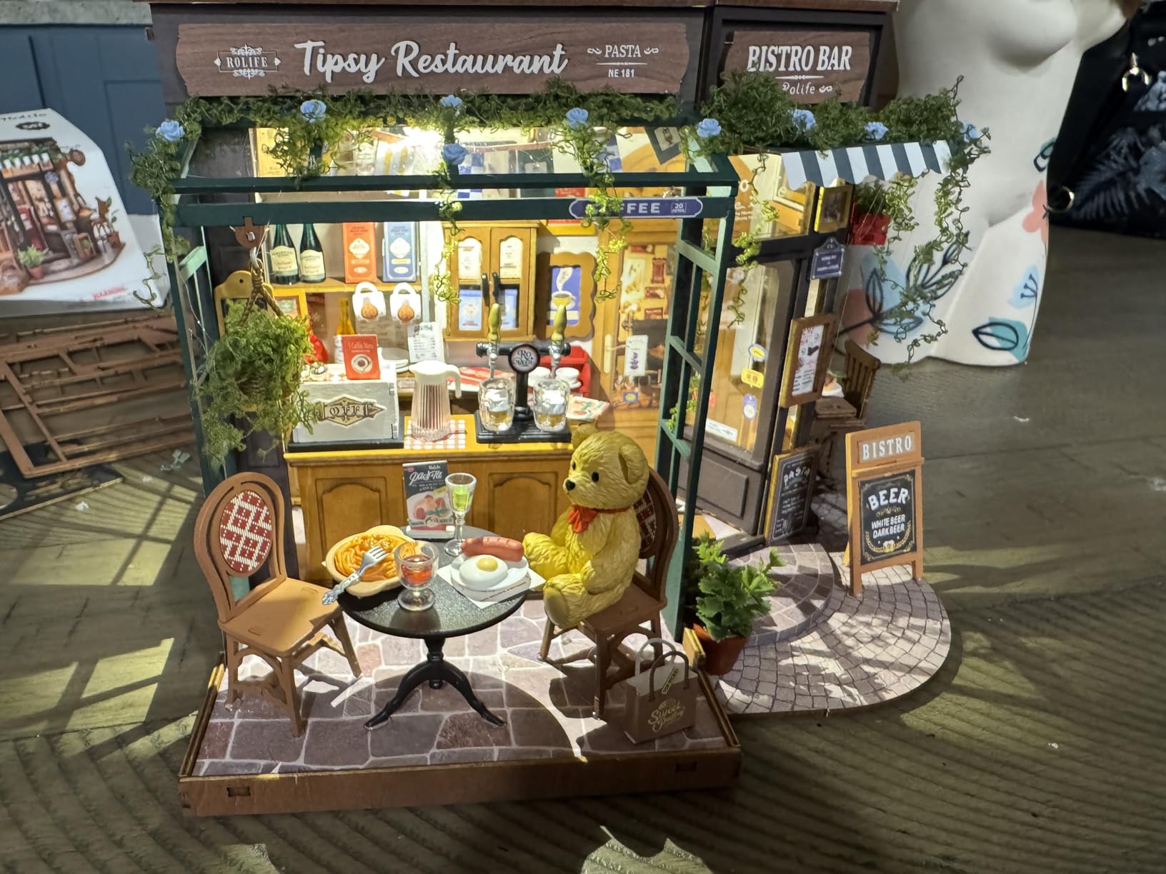 Rolife DIY Miniature Coffee Bar Dollhouse Kit Creative Gift for Adults | 1:18 Scale Tipsy Restaurant Tiny House with LED Light, Wooden 3D Puzzle Model Kit, Diorama Craft Set for Home Decor Display customer photo 2