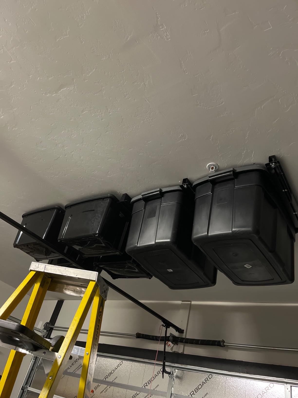 WALMANN Ceiling Tote Storage Rails, Heavy Duty Garage Ceiling Bin Rack | Overhead Tote Slide Rails, Holds 3 Bins, Bins are not Included customer photo 2