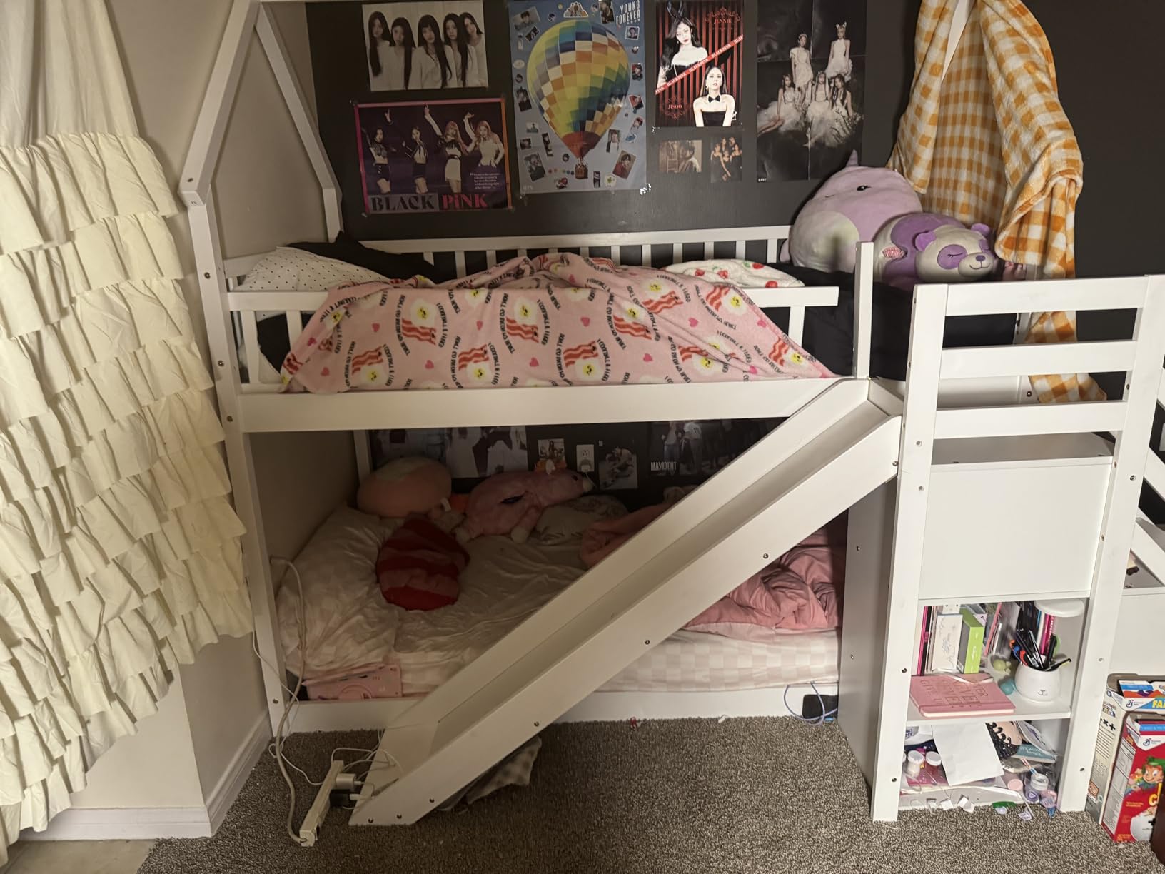 Giantex House Bunk Bed Twin Over Twin with Slide & Stairs, Wood Bunk Bed with Storage Shelves, No Box Spring Needed, Twin Floor Bed for Kids Teens Boys Girls (White) customer photo 1