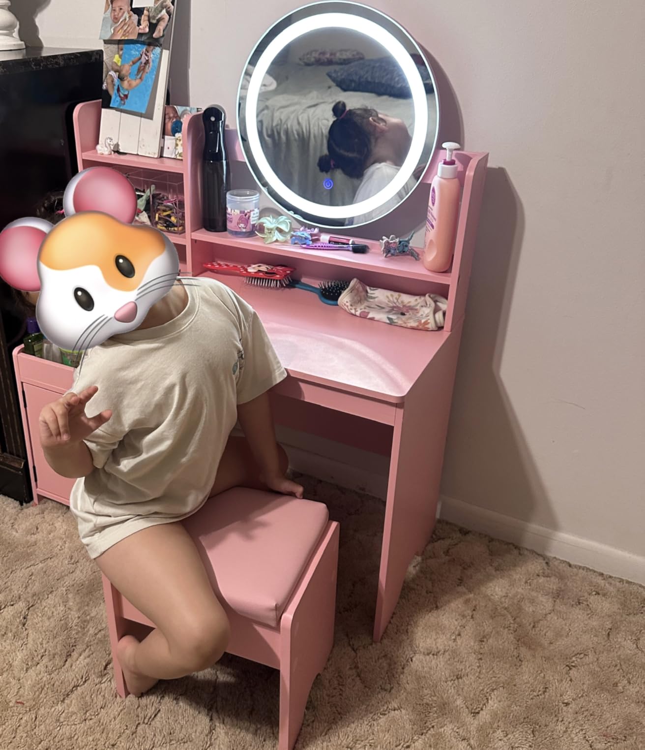 Vabches Kids Vanity with Lights, Toddler Vanity Table and Chair Set | Princess Makeup Vanity Desk with Open Bookshelf, Storage Cabinet & Shelves, Pretend Play Vanity Set for Little Girls, Pink customer photo 2
