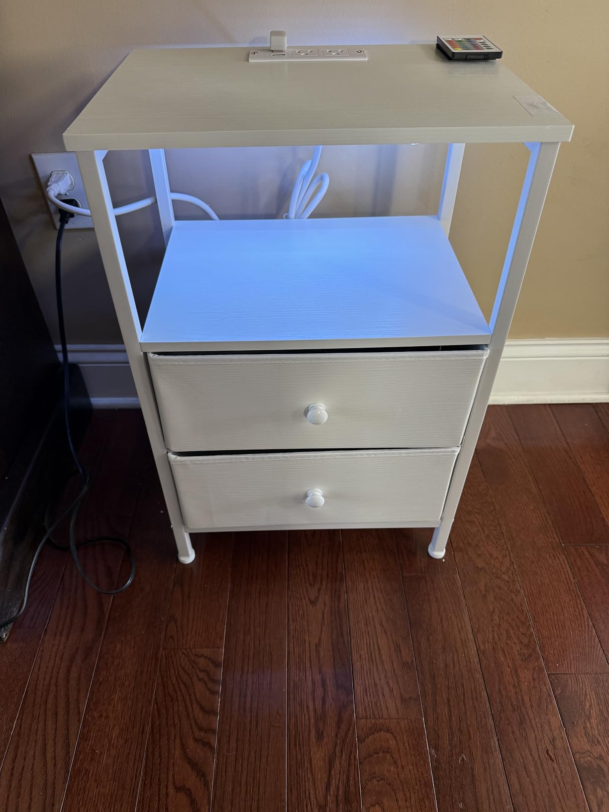 BOLUO White Nightstand with Charging Station, LED Night Stand with 2 Fabric Drawers, Bedside Table with USB Ports and Outlets, Nightstand for Bedroom Modern customer photo 1