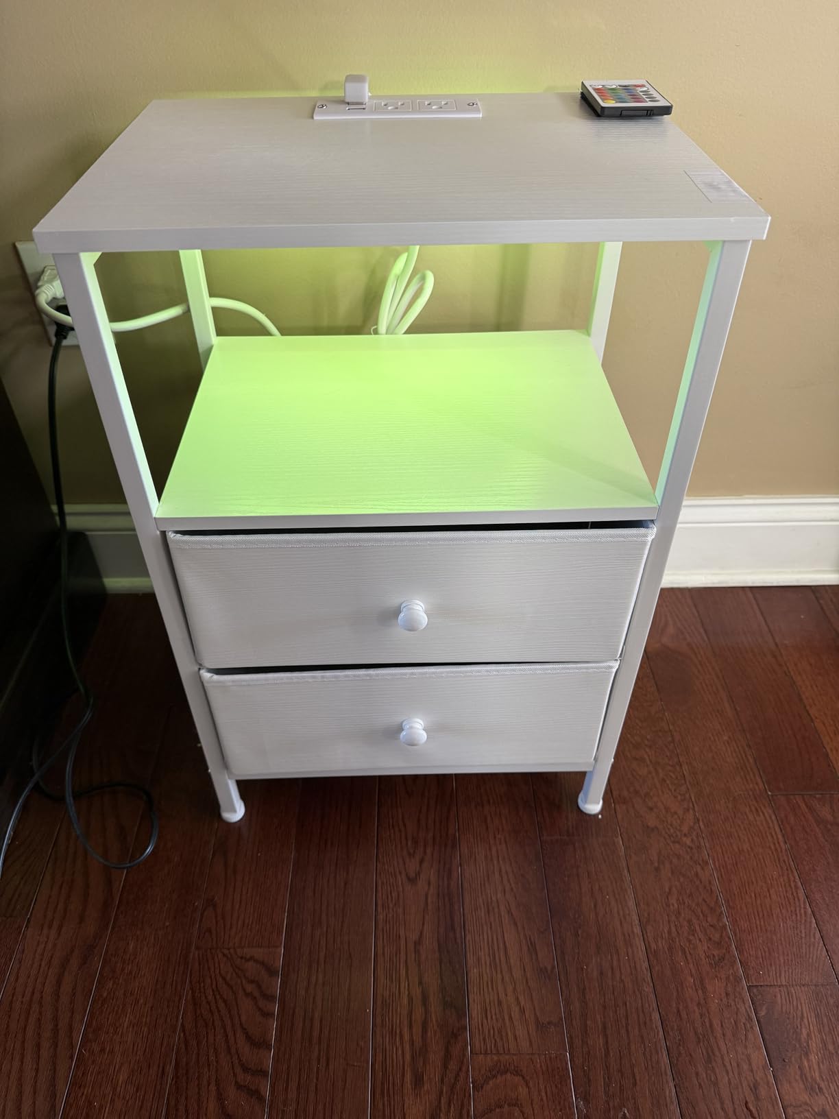 BOLUO White Nightstand with Charging Station, LED Night Stand with 2 Fabric Drawers, Bedside Table with USB Ports and Outlets, Nightstand for Bedroom Modern customer photo 2