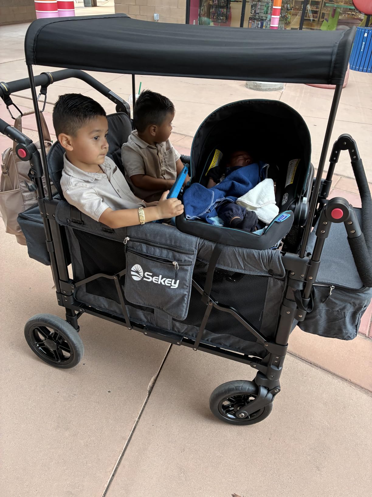 Sekey Wagon Stroller for 2 Kids, Luxury 4-in-1 Stroller Wagon - Premium Quality with Convertible Seats, Adjustable Push Handles, Removable Canopy, Cup Holder, Snack Tray & Cooler, US Certified customer photo 2