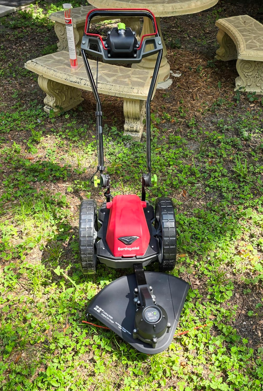 Earthquake 60V Walk Behind String Mower, Includes Two 4Ah Batteries, 22” Cutting Diameter, Three Cutting Speed Dial, 14” Never-Go-Flat Wheels, Easy Assembly, Adjustable Handlebar, Model #44965 customer photo 1