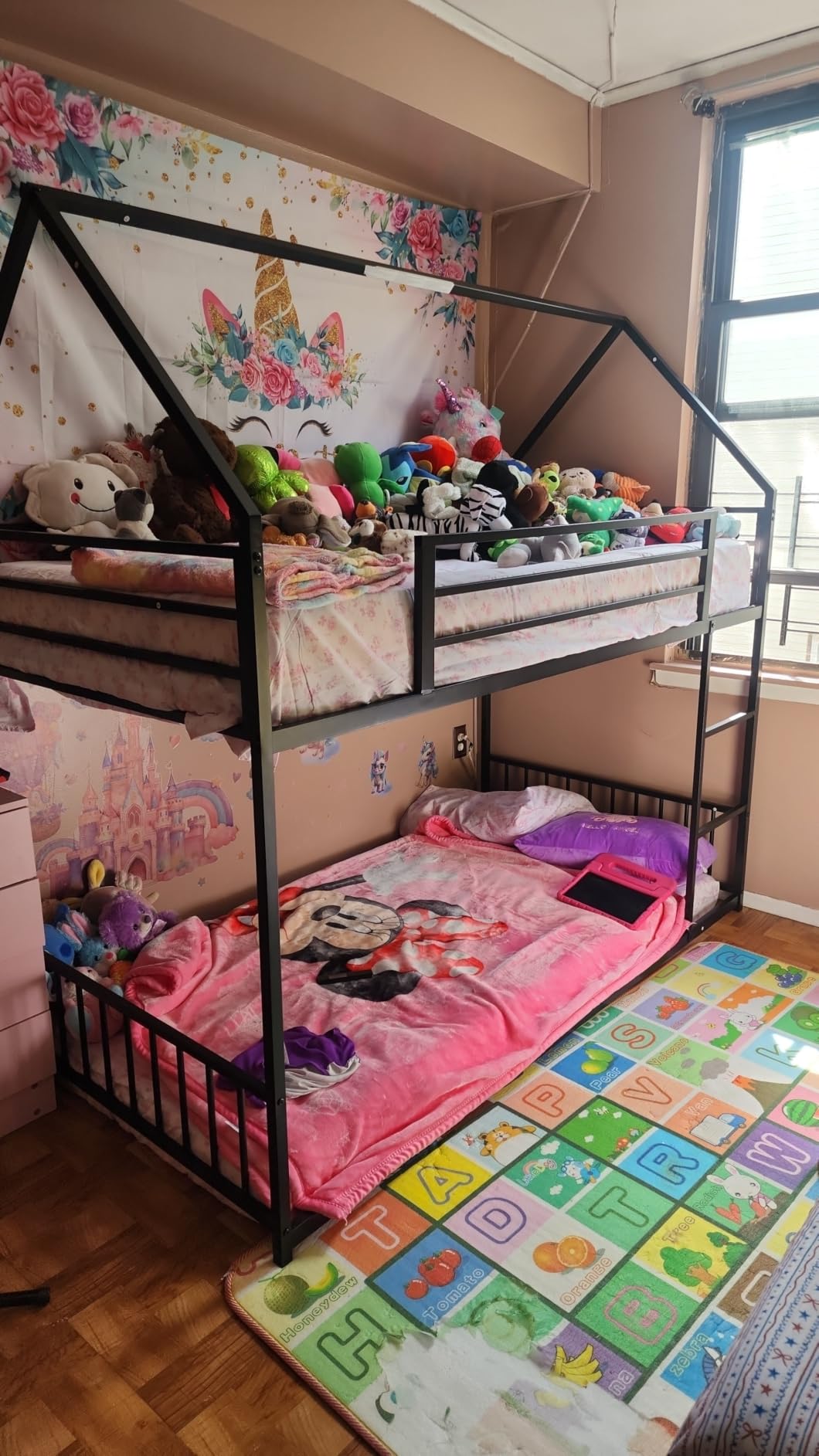 LIKIMIO Bunk Bed Twin Over Twin, House Bunk Bed Frame with Ladder and Guardrail, White | House bunk bed Frame with ladder and Guardrails. No box spring. Metal Slats Bunk Beds for Bedroom, Space Saving customer photo 1