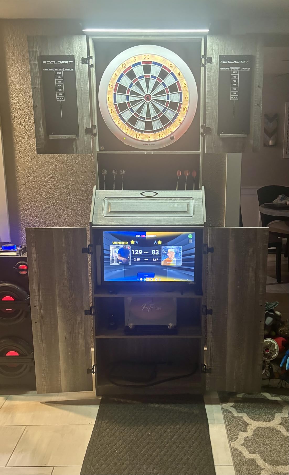 Accudart Dartboard Cabinet Set with LED Lighting - Premium Brazilian Sisal Board, Staple-Free Razor Wire, Weathered Grey Cabinet, Built-in Storage, Dual Chalkboards - Includes Steel-Tip Darts customer photo 1