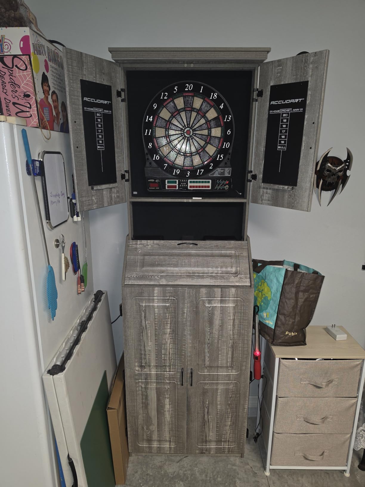 Accudart Dartboard Cabinet Set with LED Lighting - Premium Brazilian Sisal Board, Staple-Free Razor Wire, Weathered Grey Cabinet, Built-in Storage, Dual Chalkboards - Includes Steel-Tip Darts customer photo 2