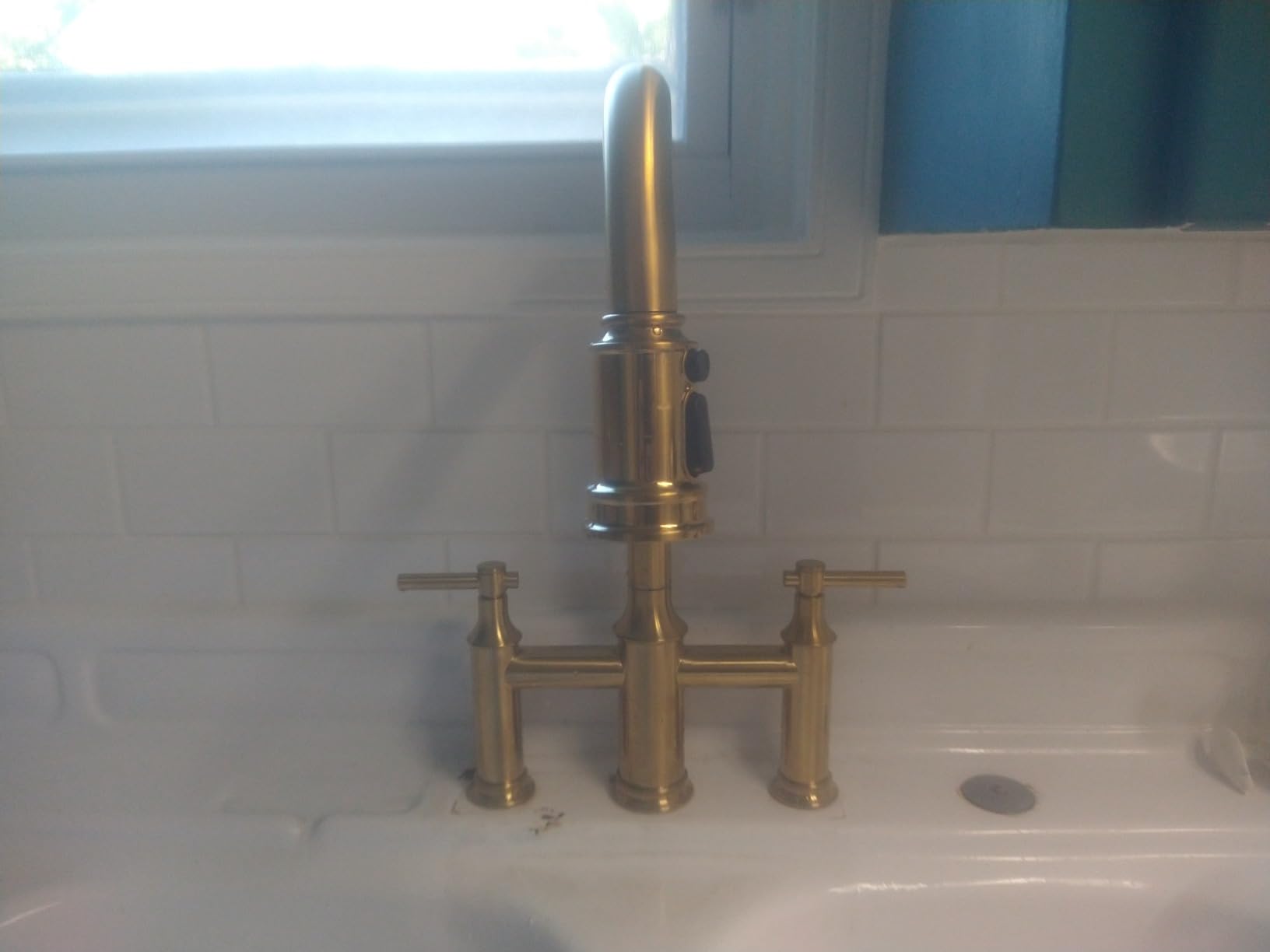 Bridge Kitchen Faucet, 3 Hole Brass Sink Faucet with Pull Down Sprayer | Two Handles, 8 Inch Centerset, High Arc Swivel Spout, Vintage Bridge Faucet for Farmhouse Kitchen customer photo 1