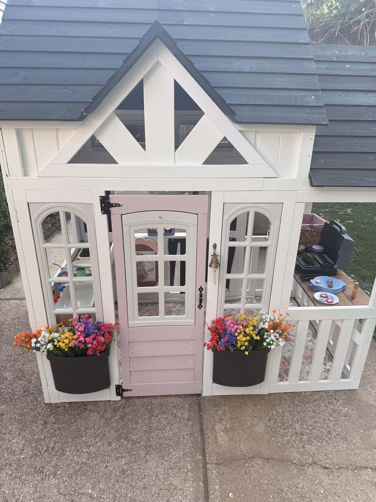 KidKraft Lantana Lane Wooden 6-ft. Tall Playhouse with Secret Door, White Wooden Outdoor House, BBQ Grill, Clock, Chalkboards, Planter Boxes customer photo 2