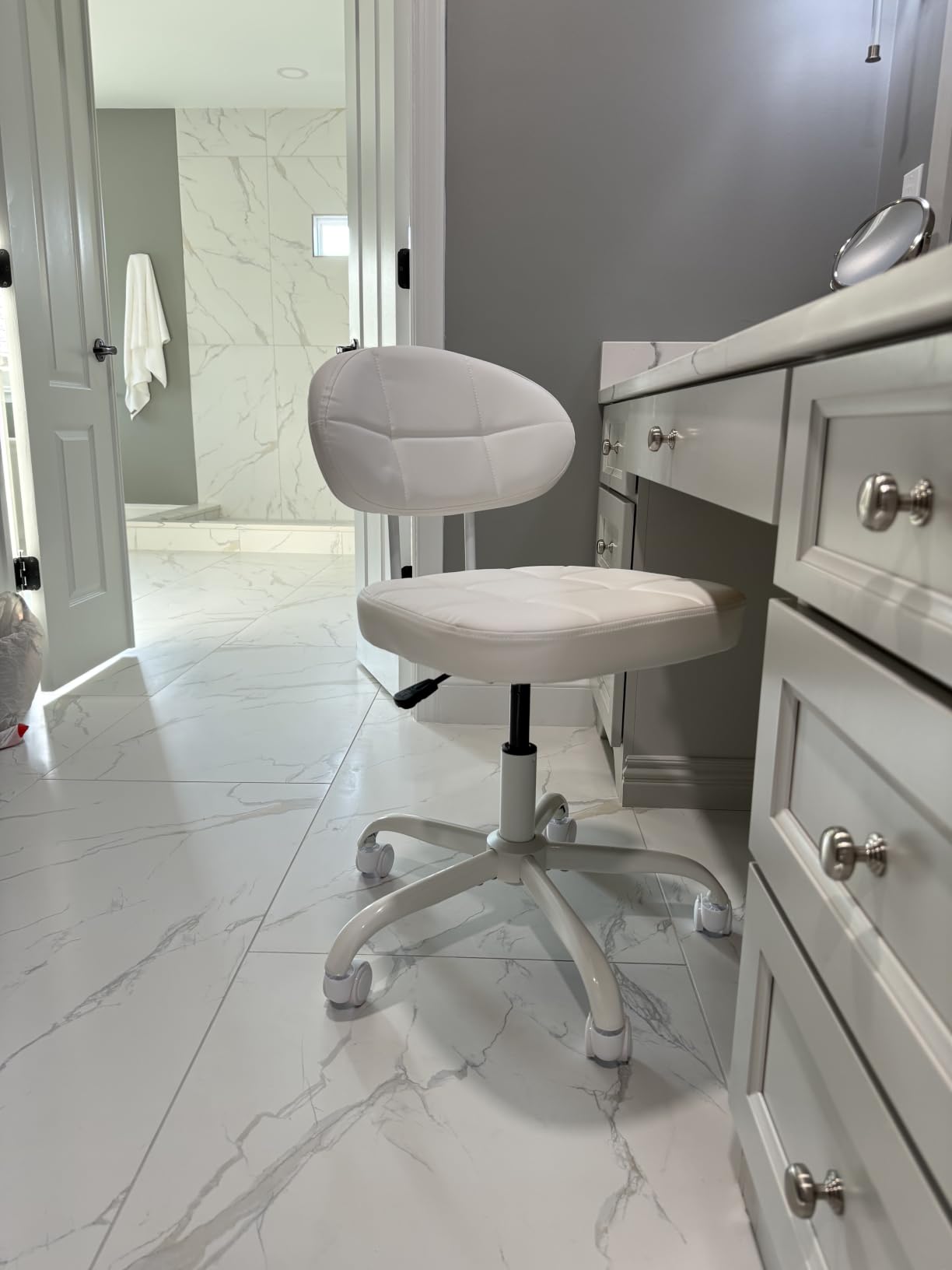 Misolant Vanity Chair with Back, Small Armless Cute Office Chair with Wheels and Lumbar Support, Comfy PU Leather Desk Computer Chairs with Adjustable Height, 360 Swivel for Home Bedroom Office, White customer photo 2
