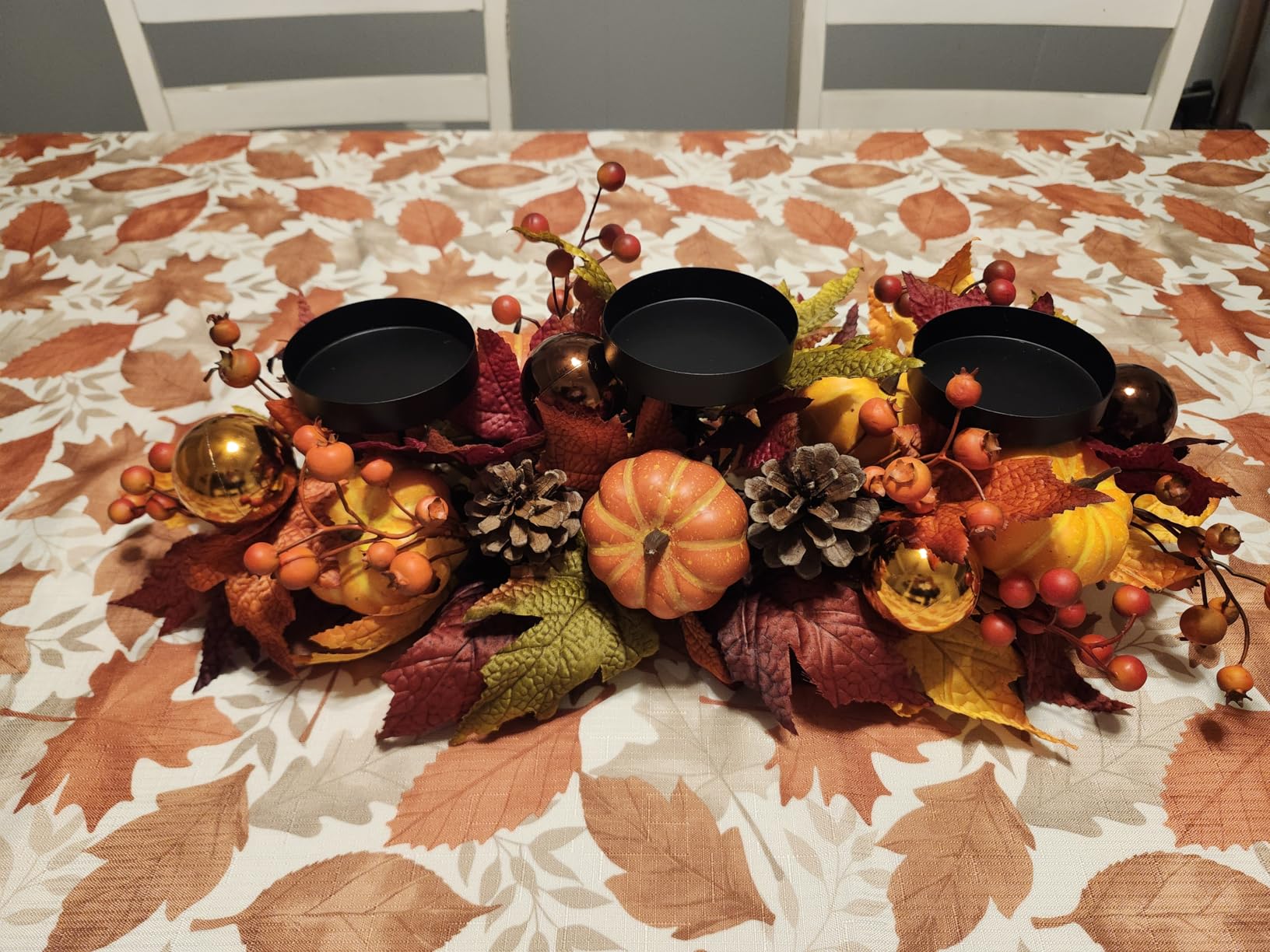 Fall Candle Holder Centerpiece for Table - Thanksgiving Table Decor with Pumpkins, Maple Leaves, Autumn Harvest Decoration with 3 Candle Holders for Dining Table, Fireplace & Home Decor customer photo 1