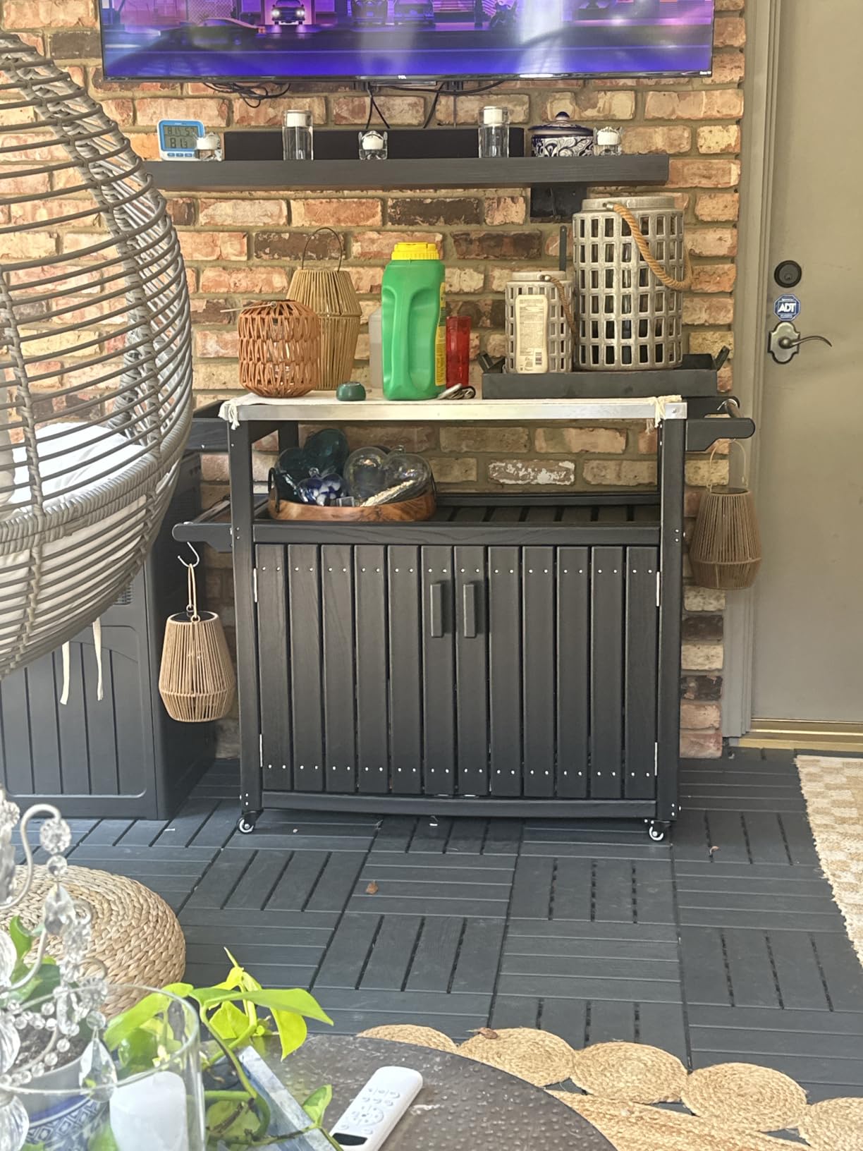 Outsunny Outdoor Bar Cart with Storage Cabinet Kitchen Island Black | Stainless Steel Top, on Wheels, HDPE Outdoor Bar Table, Movable Patio Beverage Food Prep Table, for BBQ Picnic customer photo 2