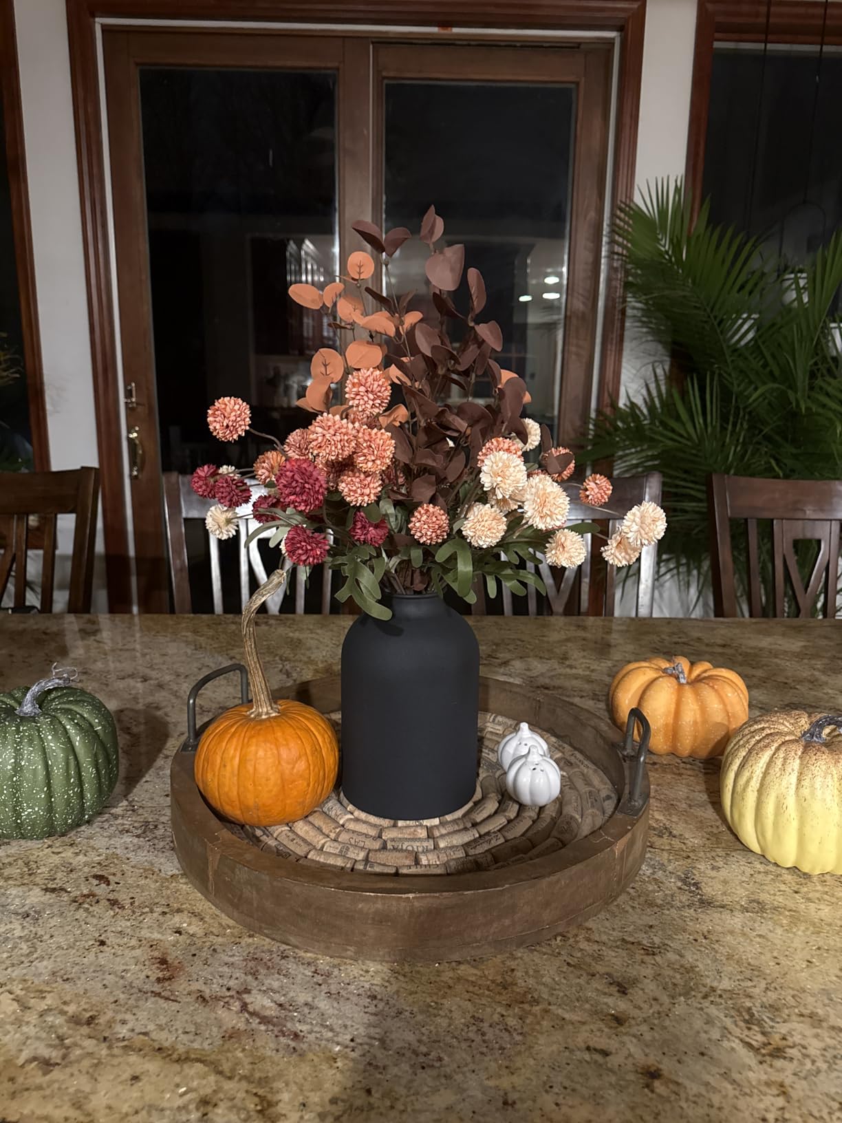 BLOSMON Faux Flowers Table Centerpiece for Dining Room, Fall Flower in Vase | With Metal Vase 12 Stems of Fake Mums, Artificial Eucalyptuses, Burnt Orange Floral Arrangement for Home, Autumn Decor customer photo 2