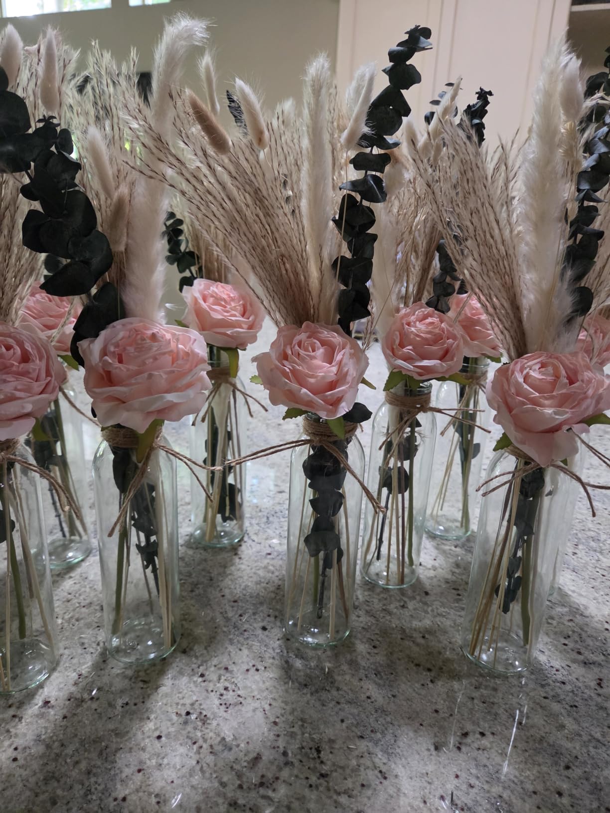 Qinyoung 10 Set Dried Pampas Grass Table Centerpiece for Wedding, Champagne | 10 Glass Flower Jars 10 Artificial Roses 80 Dried Pampas Grass with Rope, Rustic Farmhouse Wedding Baby Shower Table Decor customer photo 2